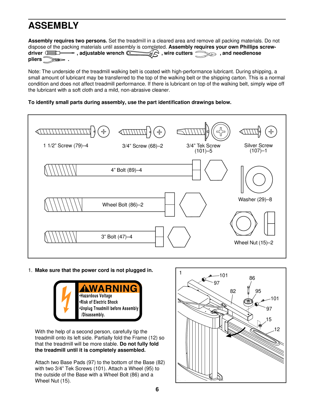 Weslo WLTL39323 user manual Assembly, Make sure that the power cord is not plugged 