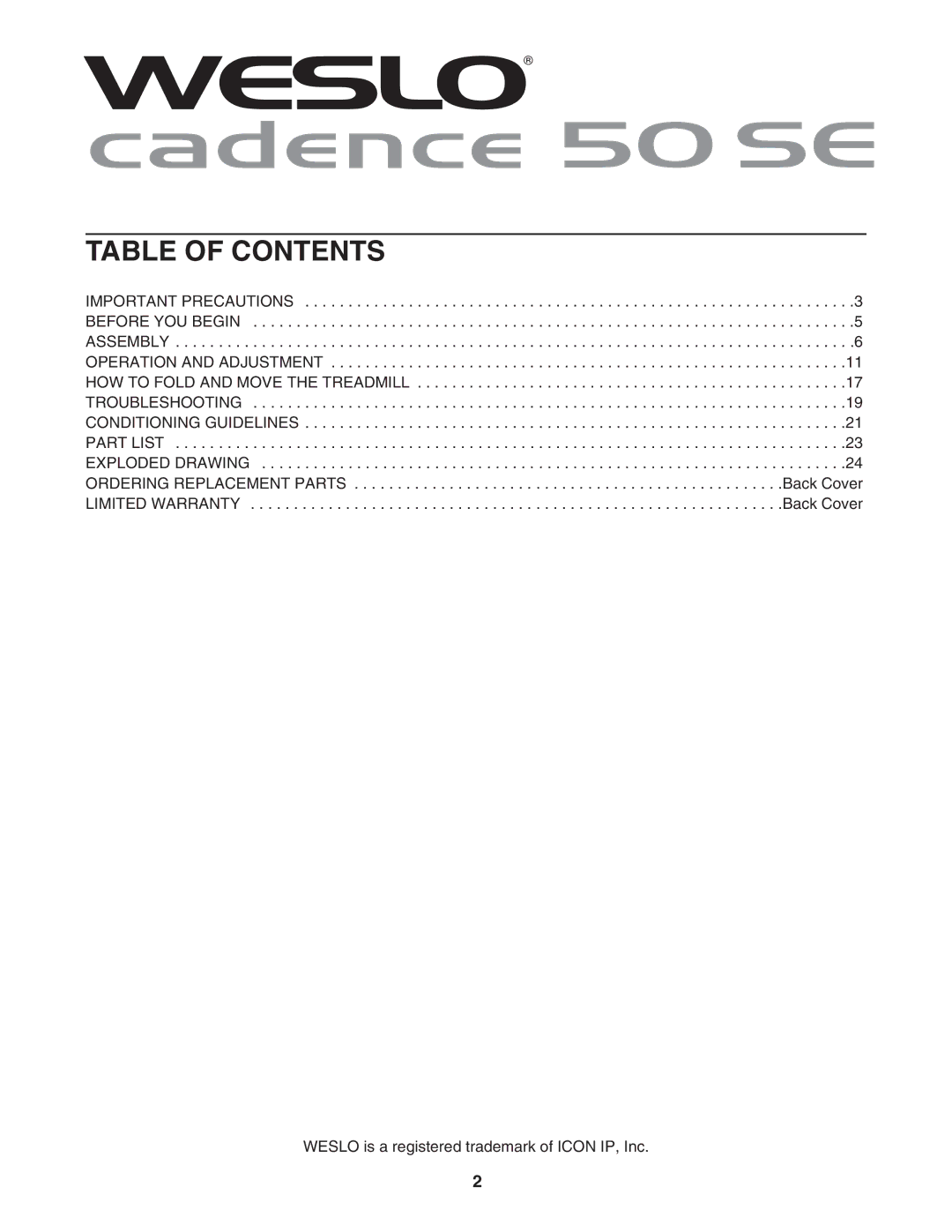 Weslo WLTL39806.0 user manual Table of Contents 