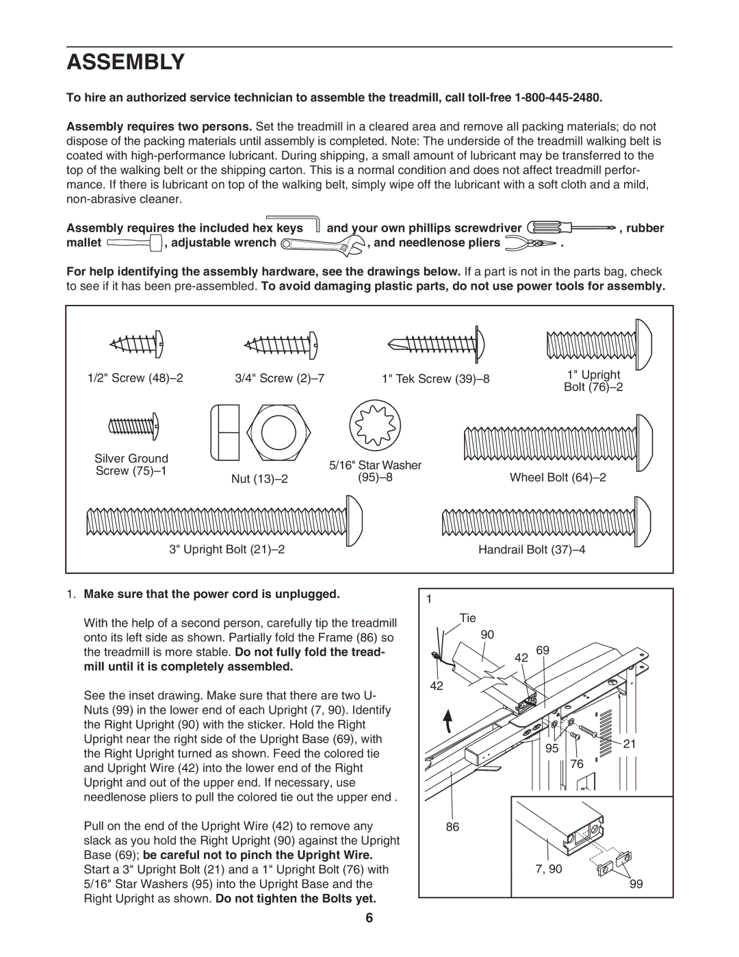 Weslo WLTL39806.0 user manual Assembly, Make sure that the power cord is unplugged 