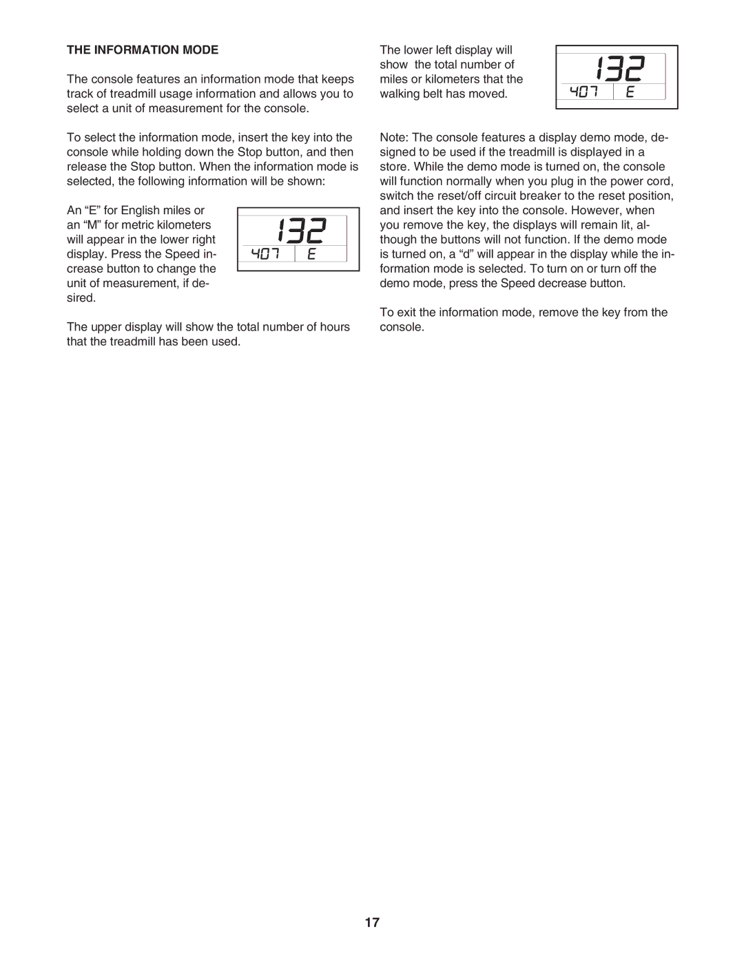 Weslo WLTL39907.0 user manual Information Mode 