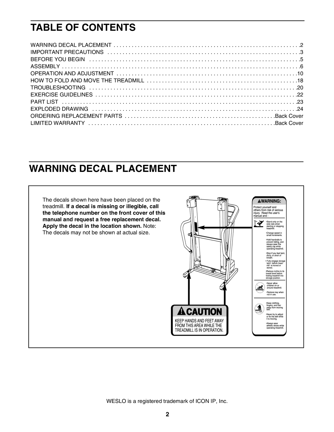 Weslo WLTL39907.0 user manual Table of Contents 