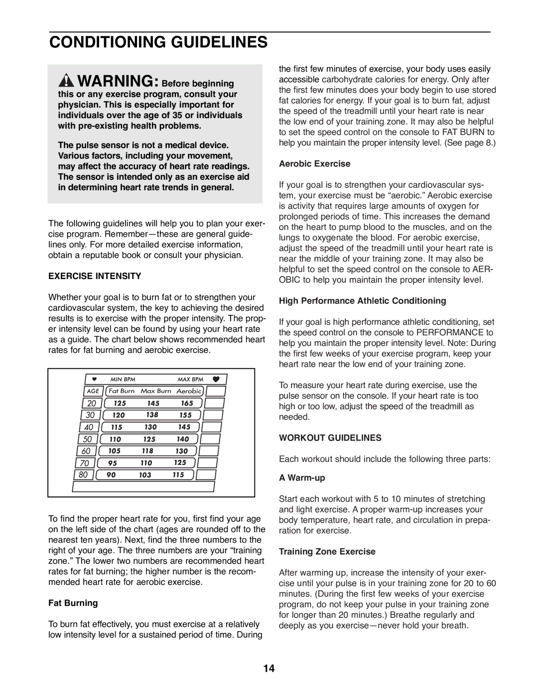 Weslo WLTL41582 user manual Conditioning Guidelines, Exercise Intensity, Workout Guidelines 