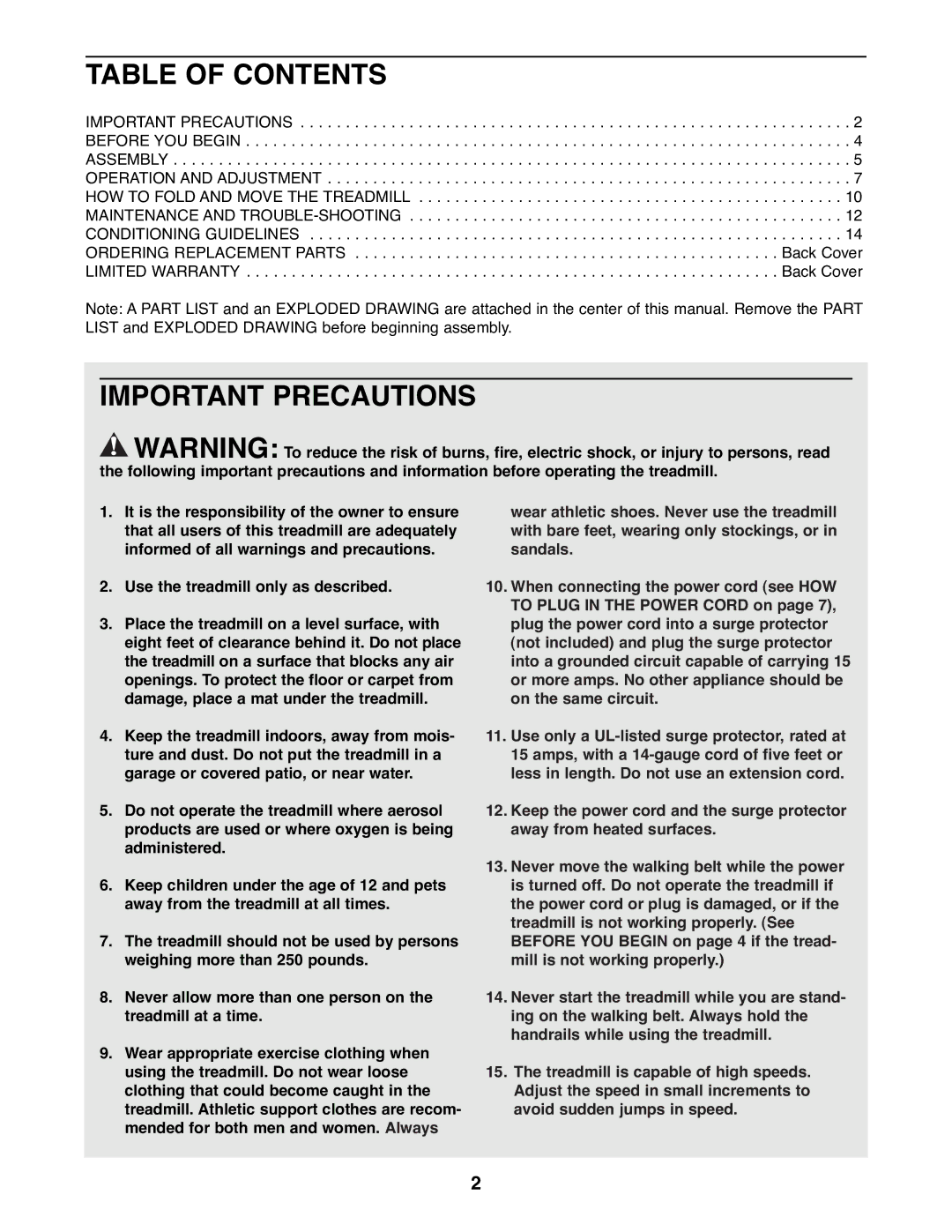 Weslo WLTL41582 user manual Table of Contents, Important Precautions 