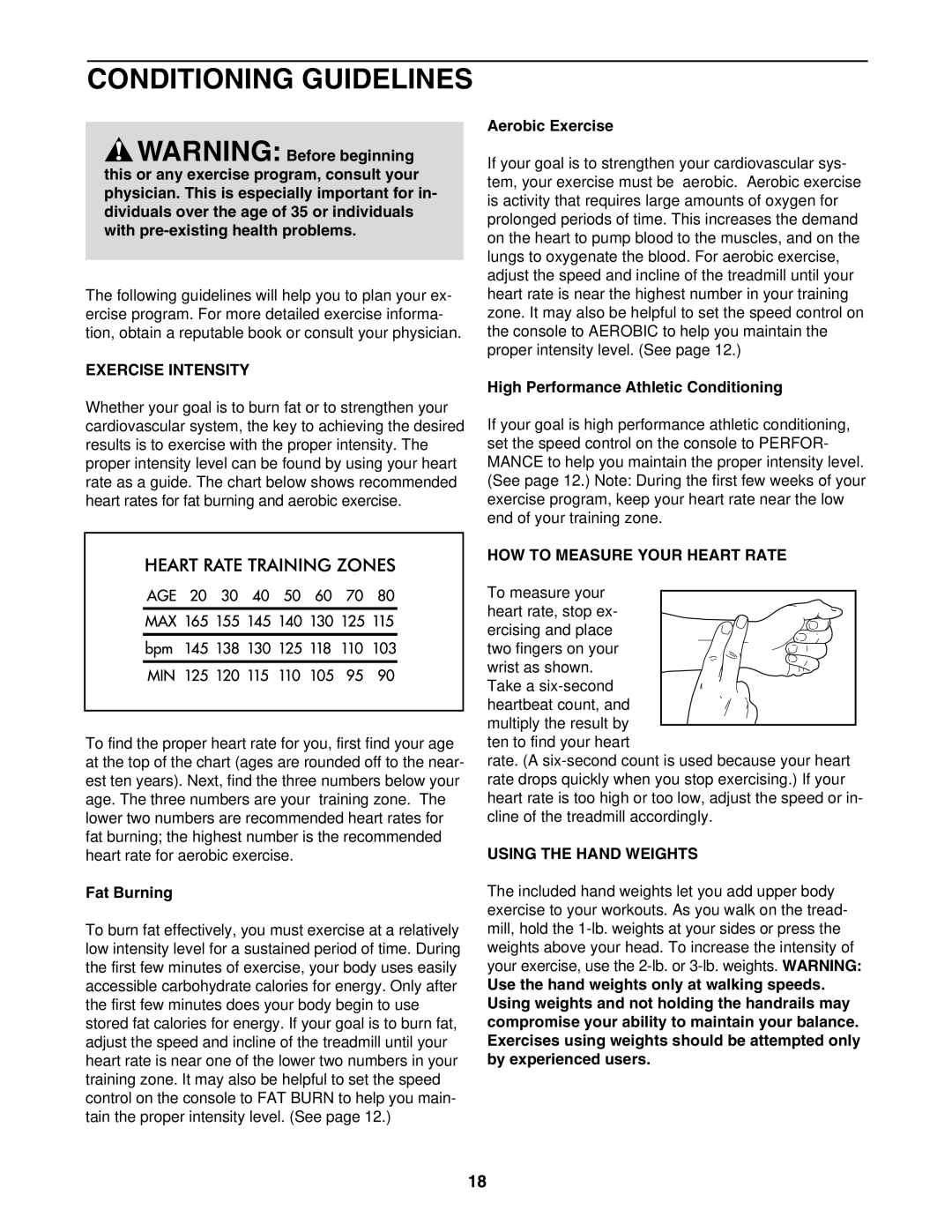 Weslo WLTL421010 Conditioning Guidelines, Exercise Intensity, HOW to Measure Your Heart Rate, Using the Hand Weights 