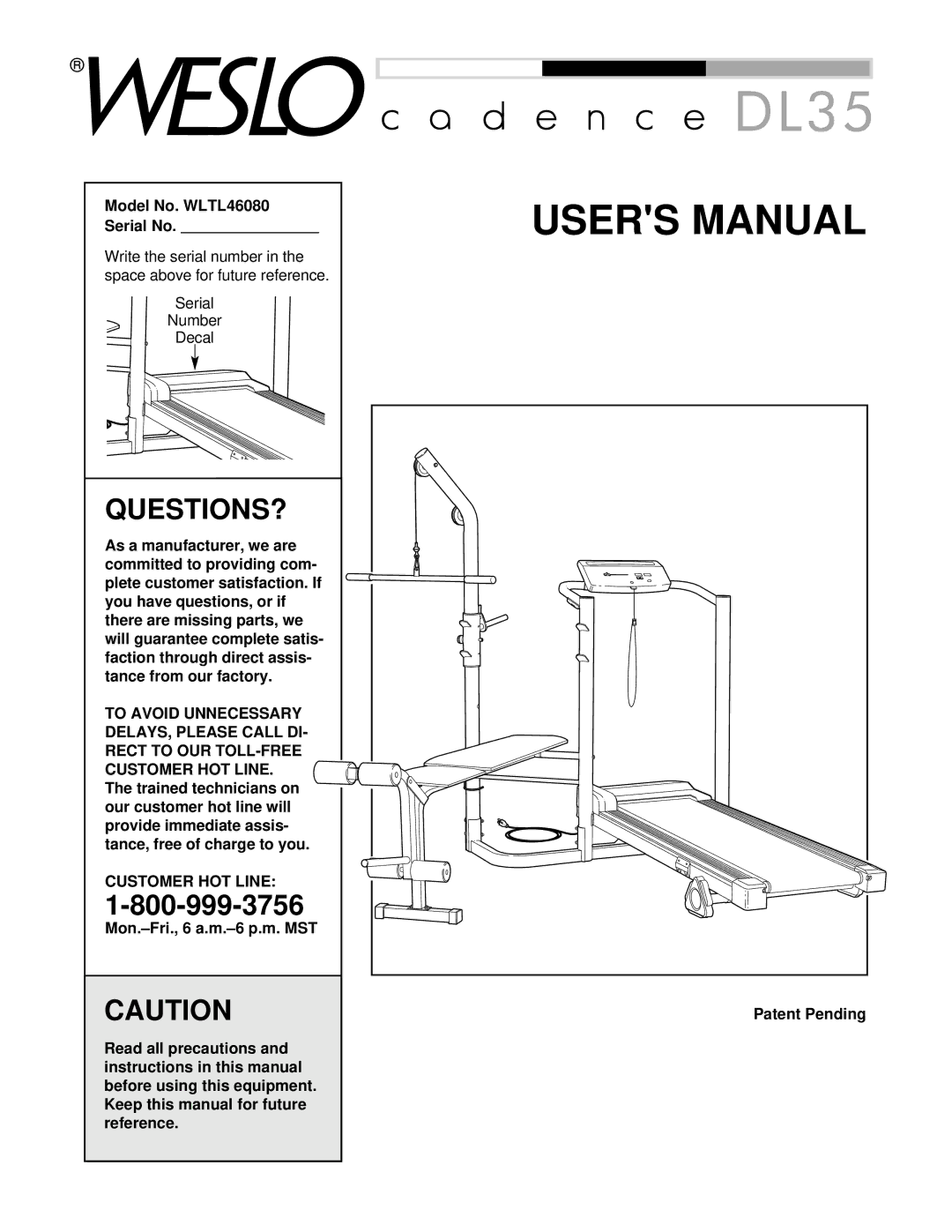 Weslo user manual Model No. WLTL46080 Serial No, Customer HOT Line 