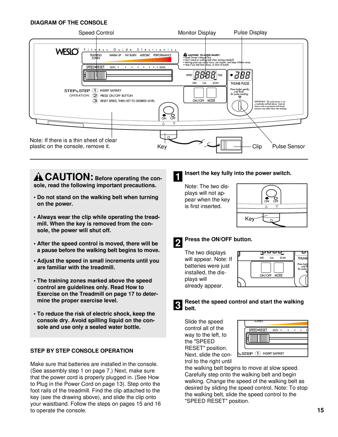 Weslo WLTL46080 Diagram of the Console, Step by Step Console Operation, Insert the key fully into the power switch 