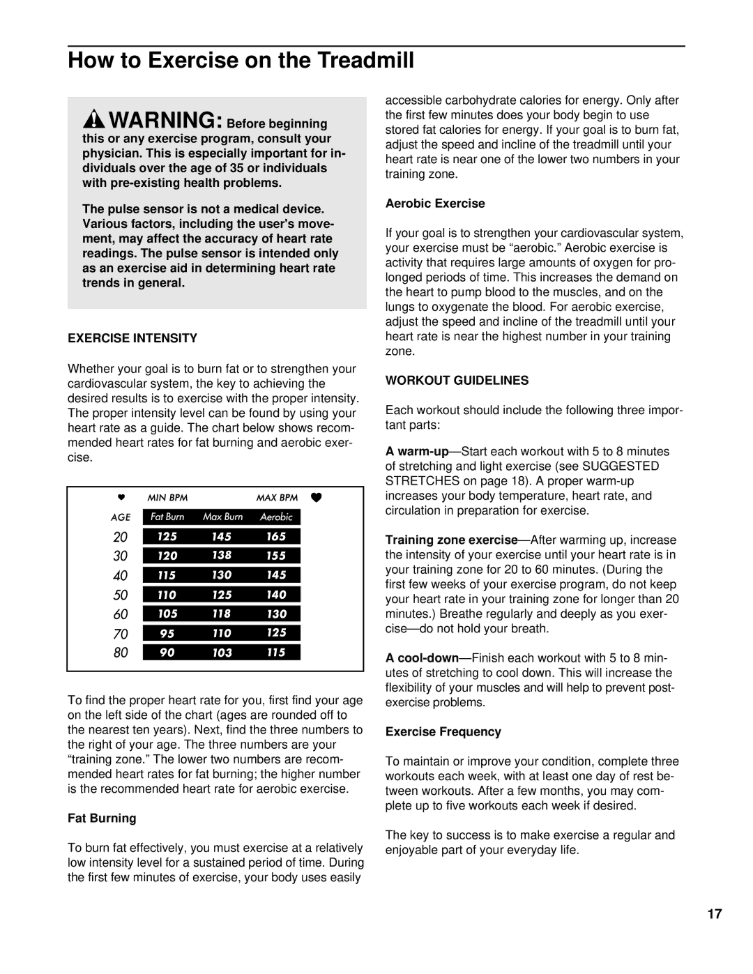 Weslo WLTL46080 user manual How to Exercise on the Treadmill, Exercise Intensity, Workout Guidelines 