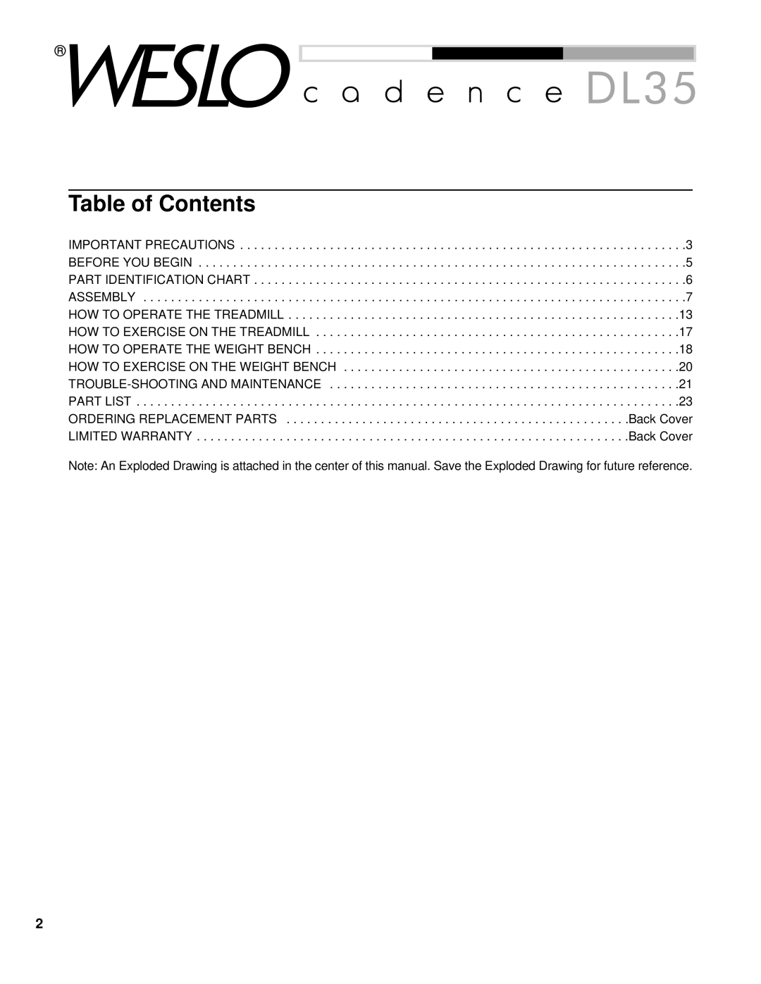 Weslo WLTL46080 user manual Table of Contents 