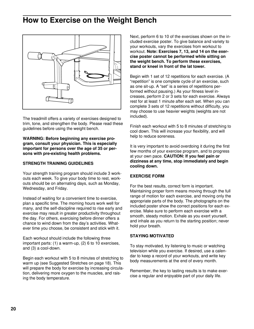 Weslo WLTL46080 How to Exercise on the Weight Bench, Strength Training Guidelines, Exercise Form, Staying Motivated 