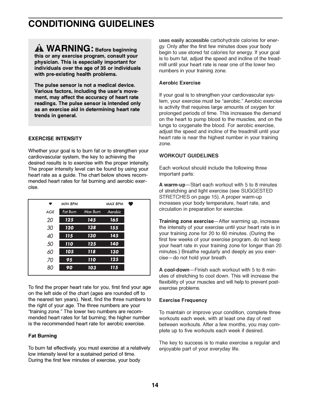 Weslo WLTL46090 user manual Conditioning Guidelines, Exercise Intensity, Workout Guidelines 