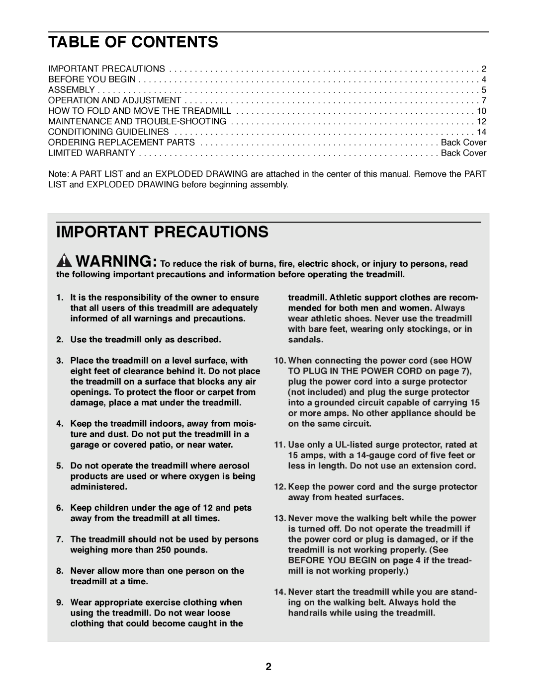 Weslo WLTL46090 user manual Table of Contents, Important Precautions 