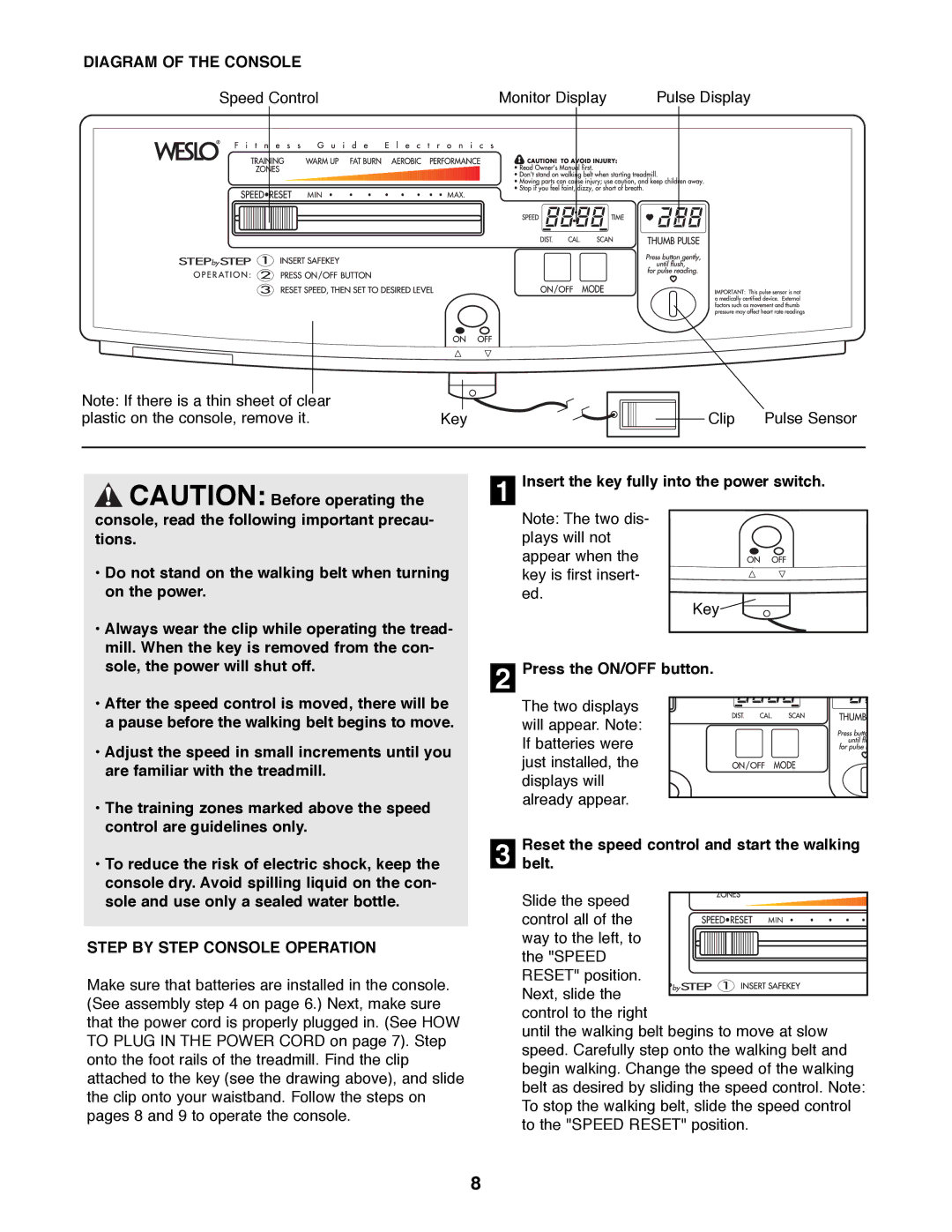 Weslo WLTL46090 Diagram of the Console, Step by Step Console Operation, Insert the key fully into the power switch 