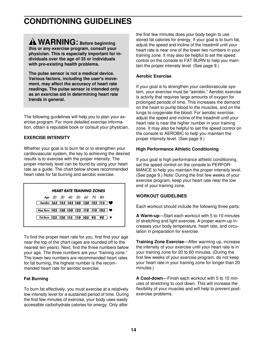 Weslo WLTL48410 user manual Conditioning Guidelines, Exercise Intensity, Workout Guidelines 