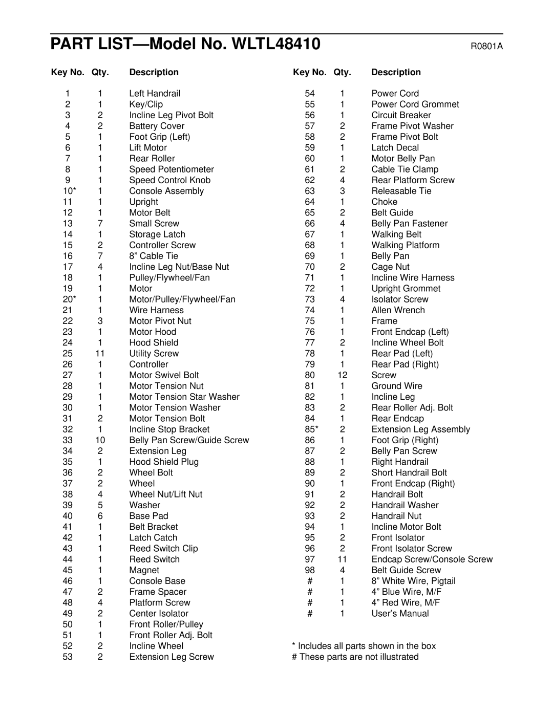 Weslo WLTL48410 user manual R0801A, Qty Description 