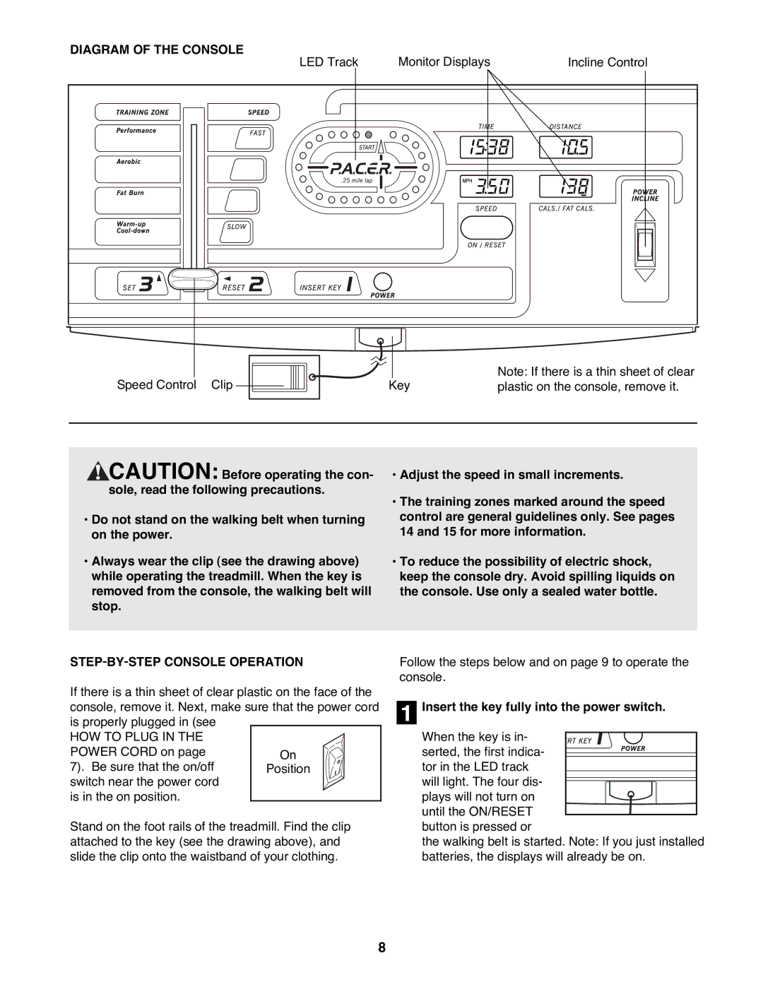 Weslo WLTL48590 Diagram of the Console, STEP-BY-STEP Console Operation, Insert the key fully into the power switch 