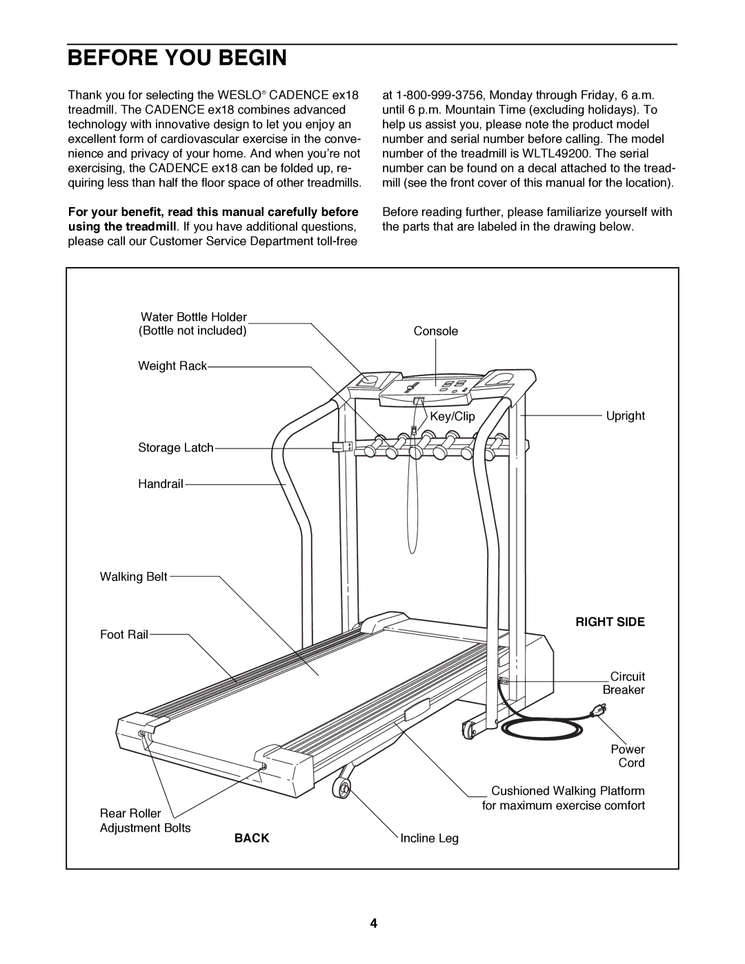 Weslo WLTL49200 user manual Before YOU Begin, Right Side, Back 