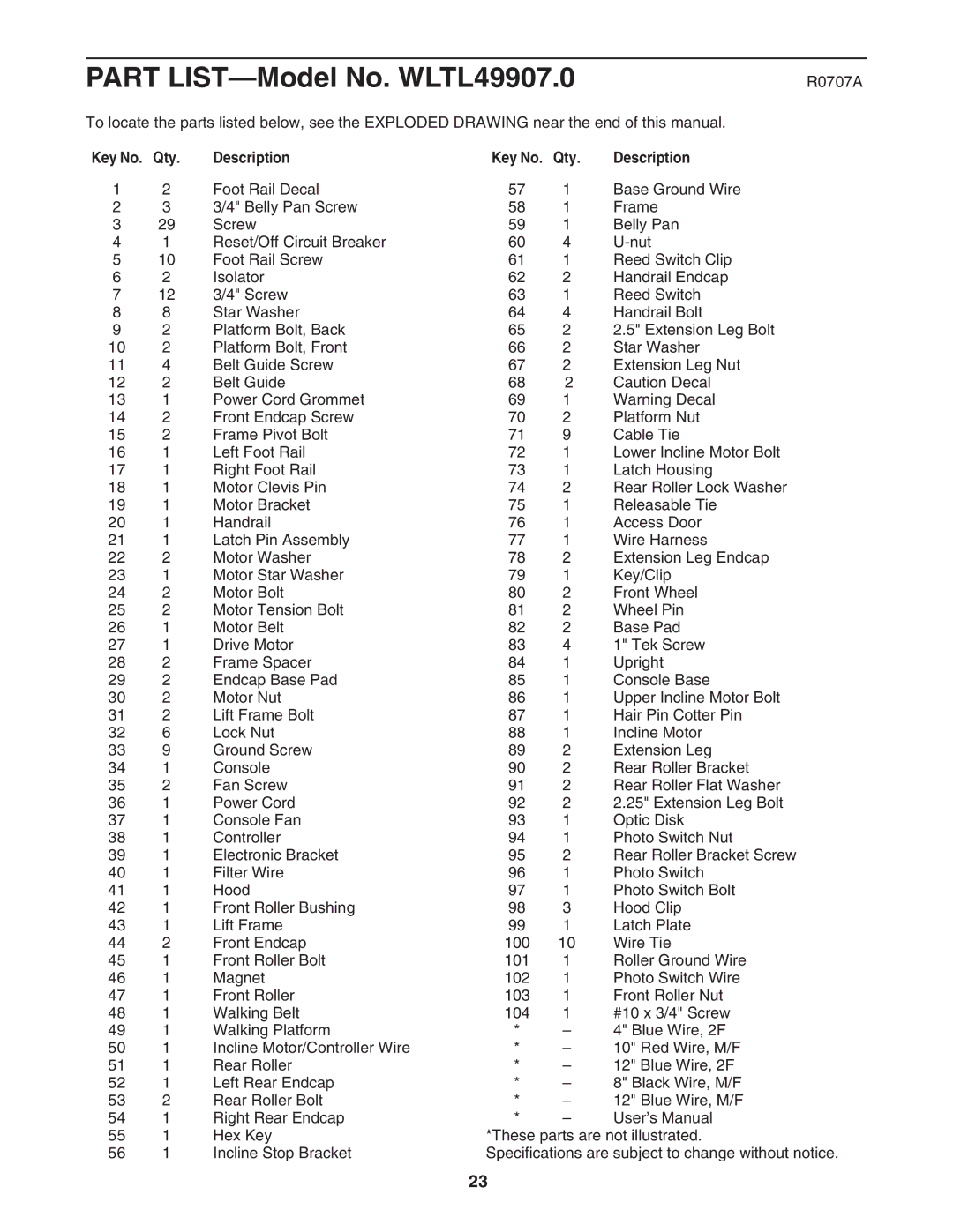 Weslo WLTL49907.0 user manual R0707A, Qty Description 
