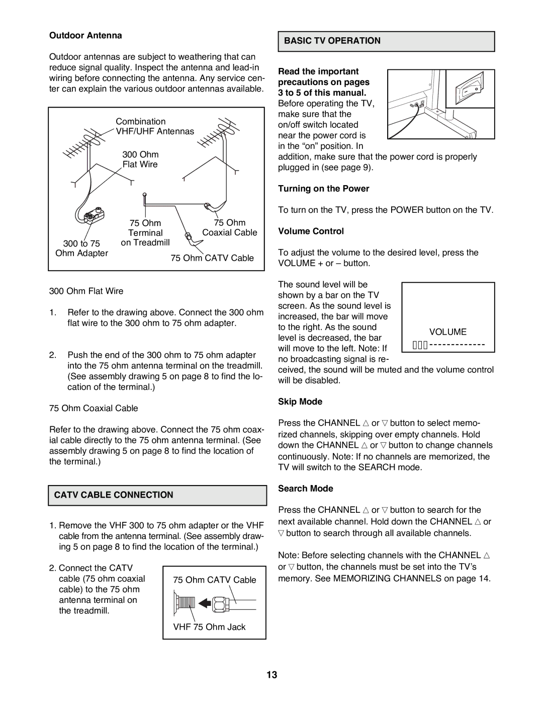 Weslo WLTL62790 user manual Catv Cable Connection, Basic TV Operation 