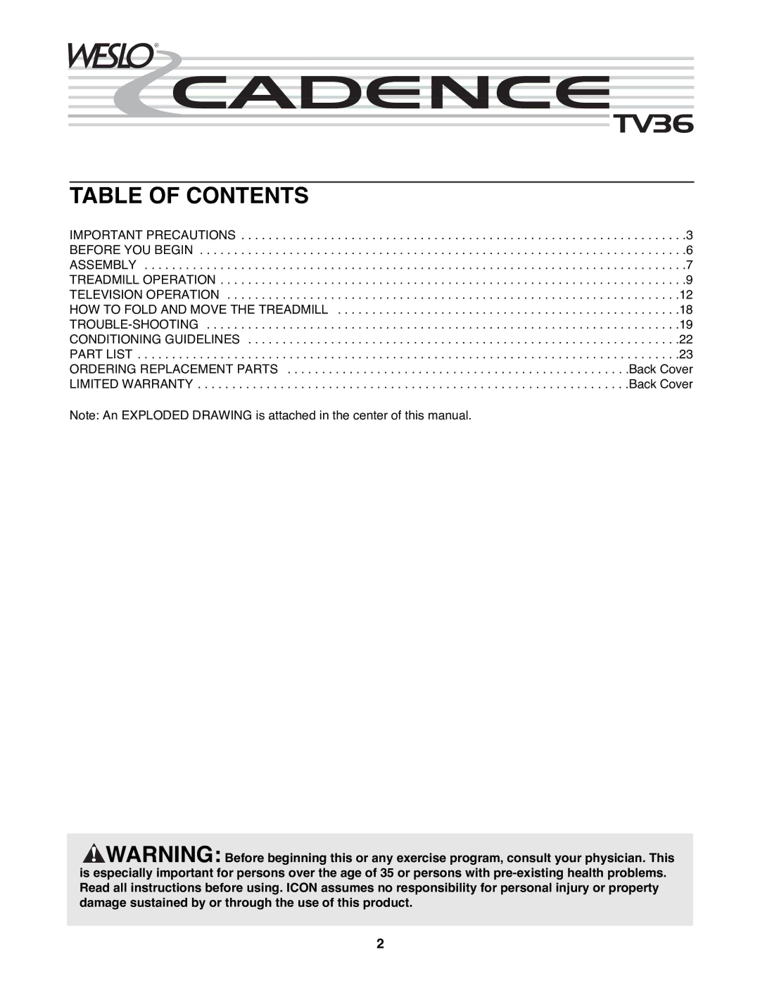 Weslo WLTL62790 user manual Table of Contents 