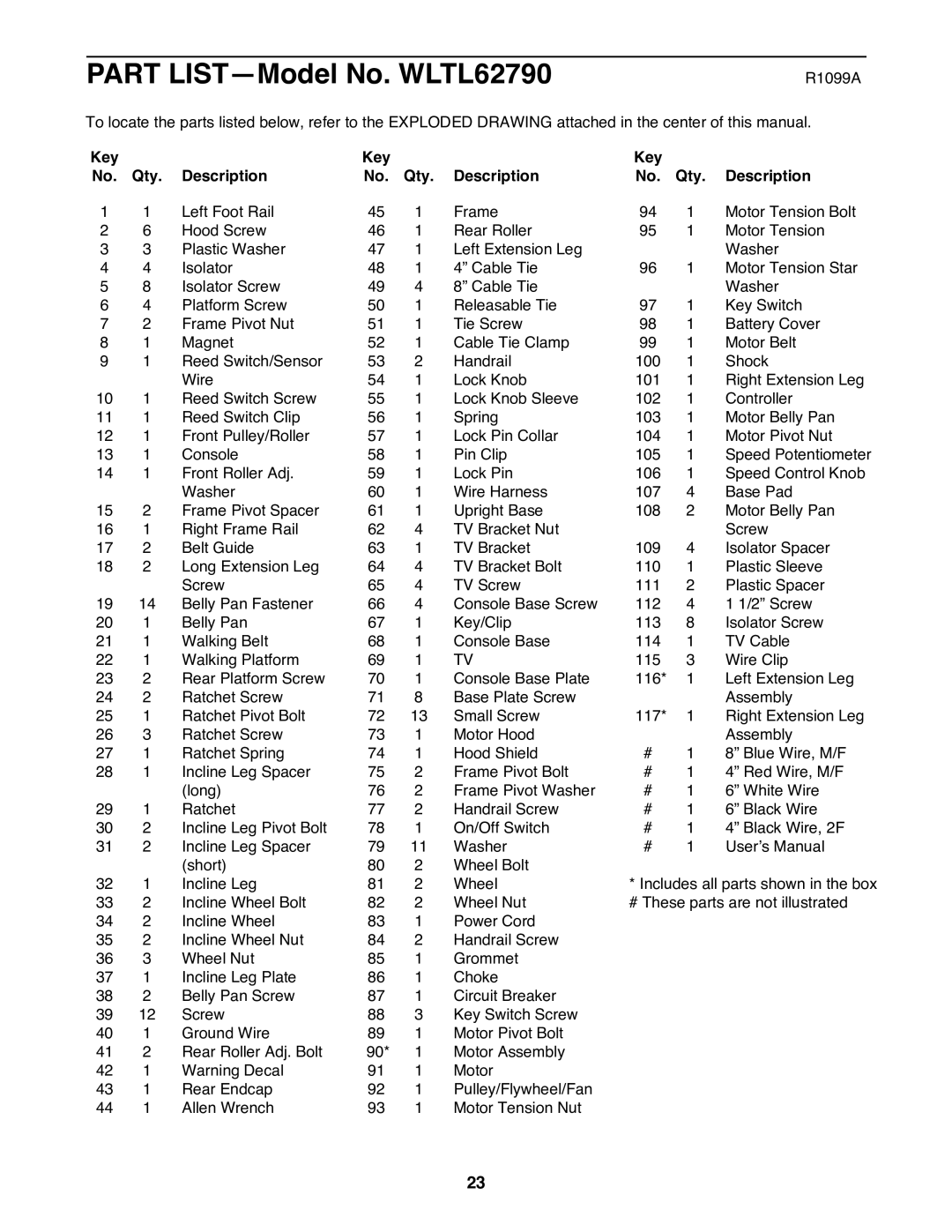 Weslo user manual Part LISTÑModel No. WLTL62790, Key Qty Description 