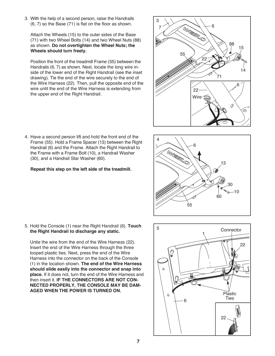 Weslo WMTL19408 user manual Wheels should turn freely, Repeat this step on the left side of the treadmill 