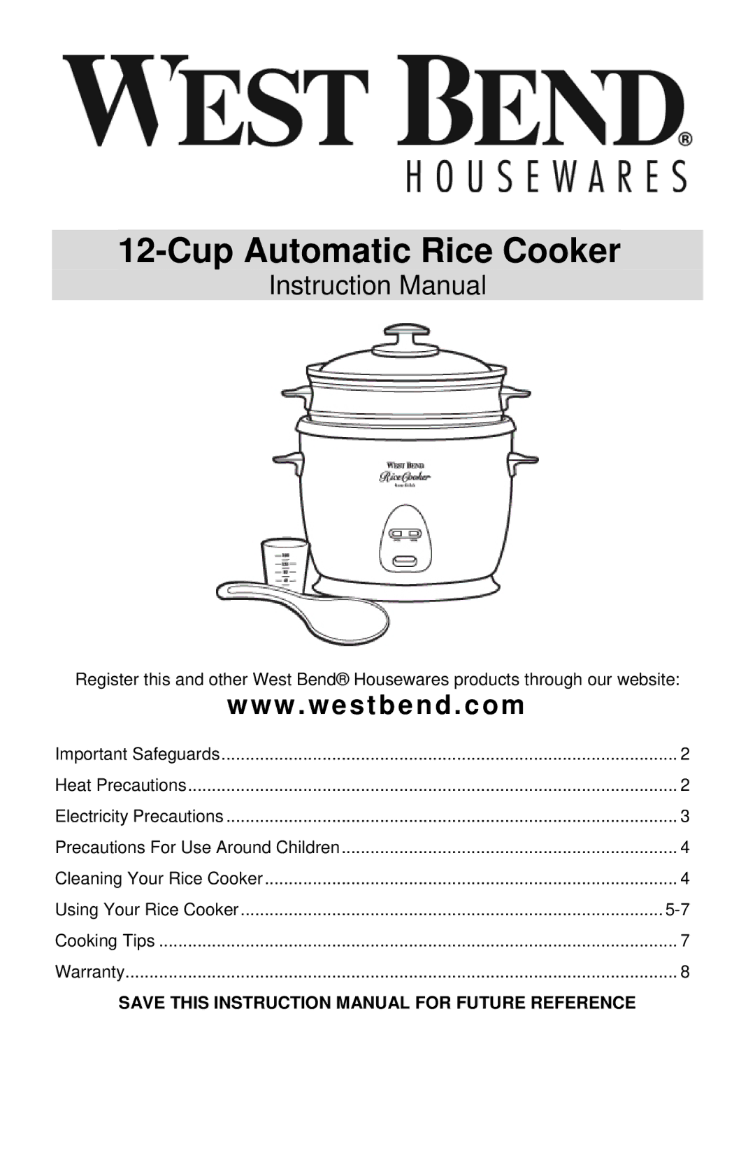 West Bend 12-Cup Automatic Rice Cooker instruction manual 