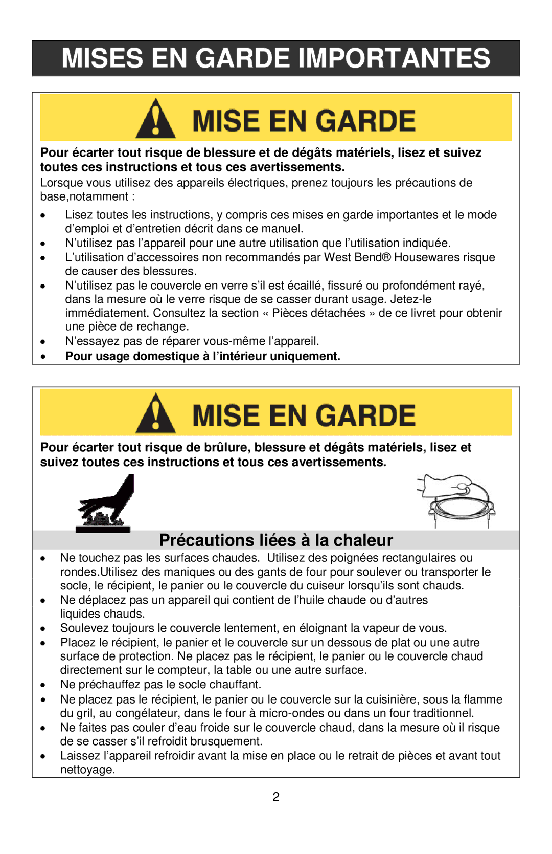 West Bend 12-Cup Automatic Rice Cooker instruction manual Mises EN Garde Importantes, Précautions liées à la chaleur 