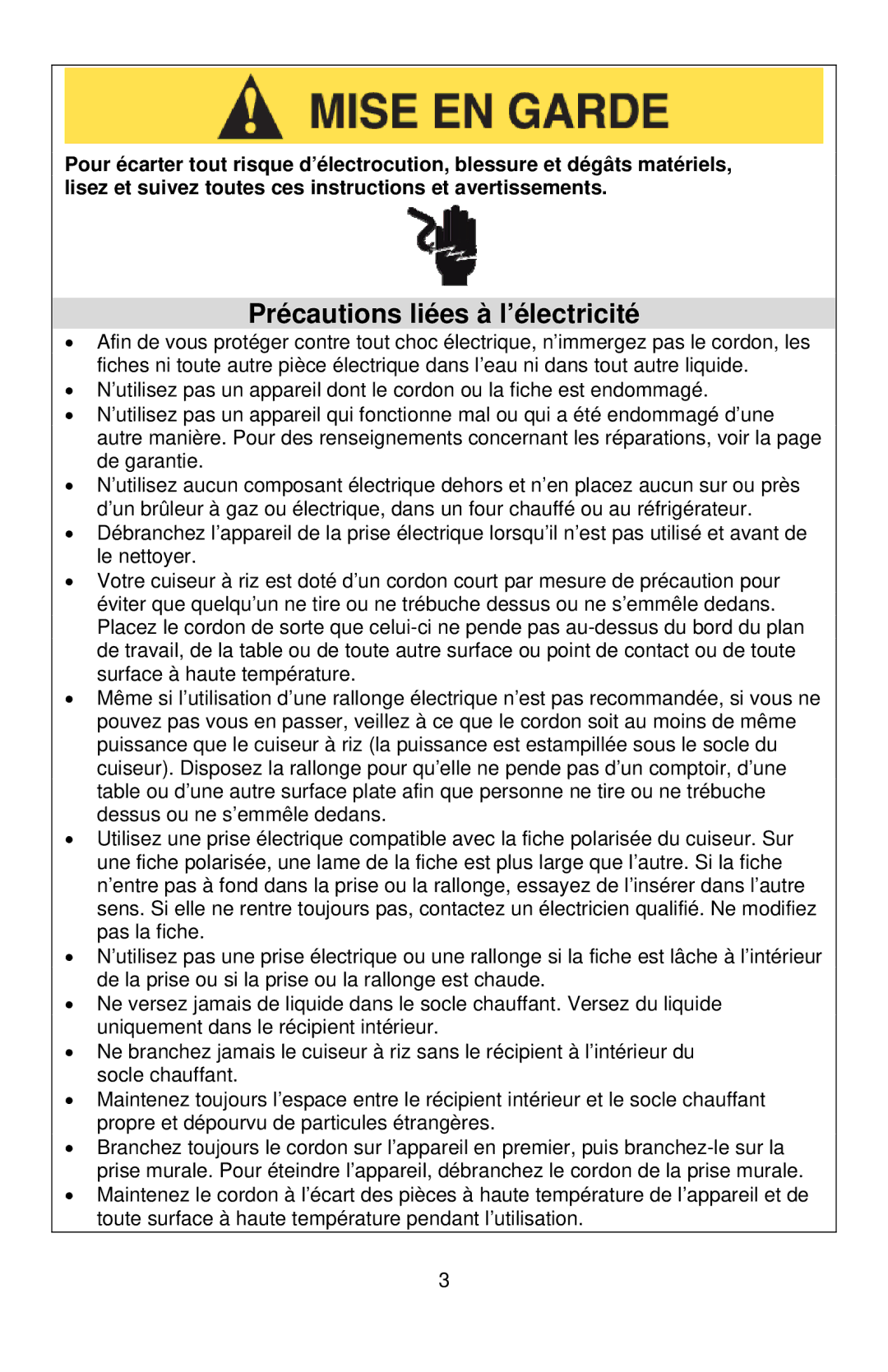 West Bend 12-Cup Automatic Rice Cooker instruction manual Précautions liées à l’électricité 