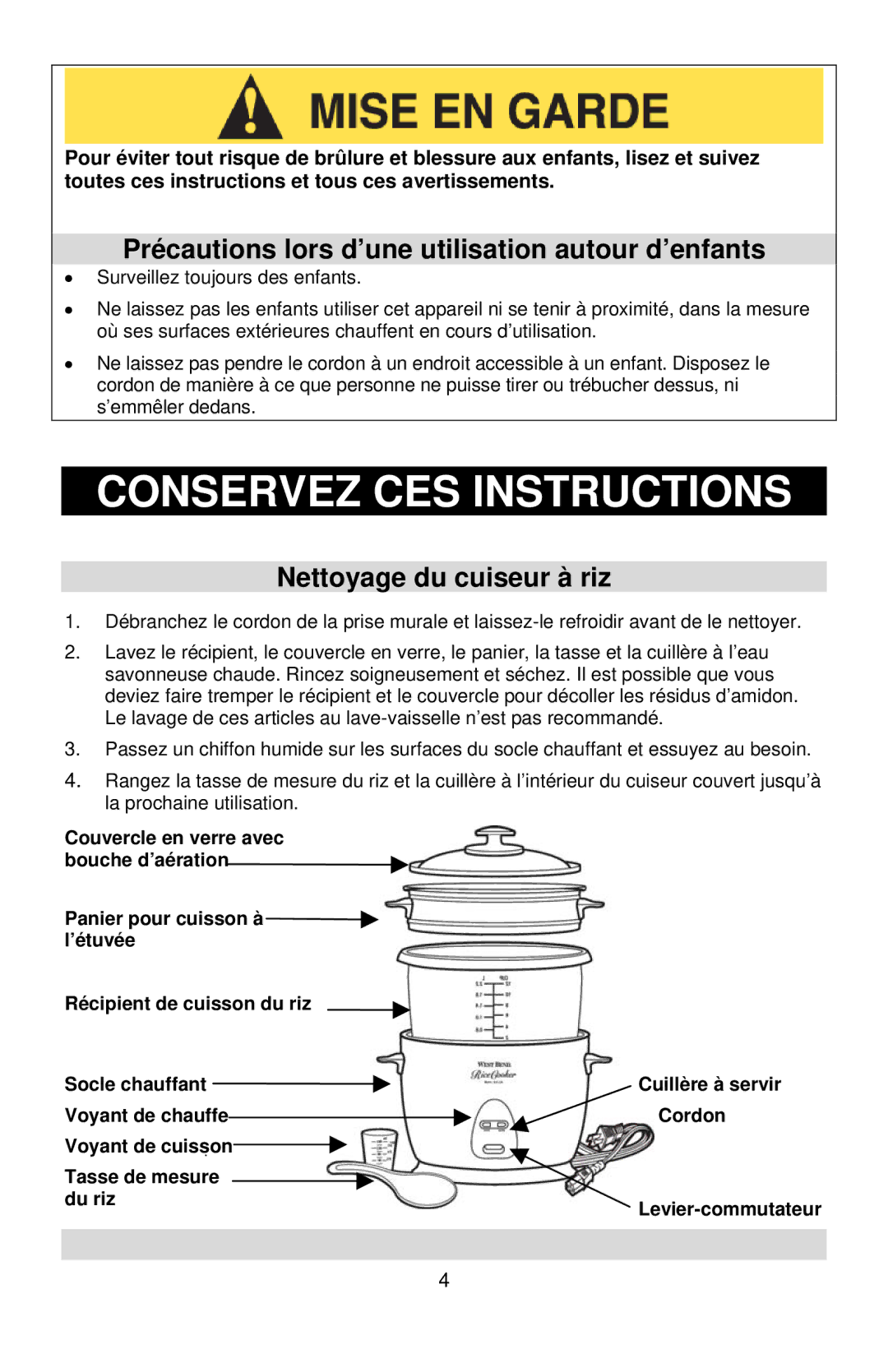 West Bend 12-Cup Automatic Rice Cooker Conservez CES Instructions, Précautions lors d’une utilisation autour d’enfants 