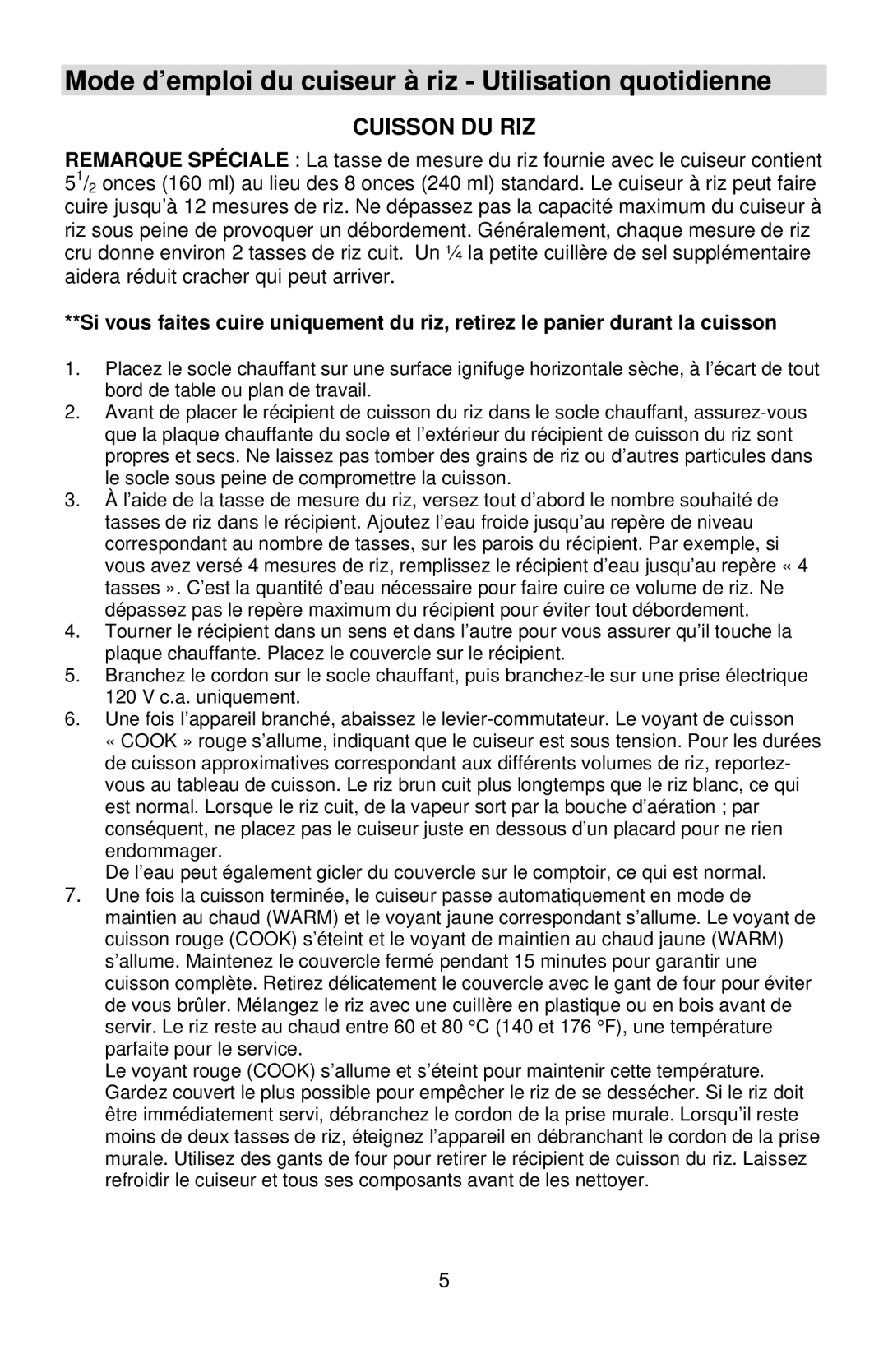 West Bend 12-Cup Automatic Rice Cooker Mode d’emploi du cuiseur à riz Utilisation quotidienne, Cuisson DU RIZ 