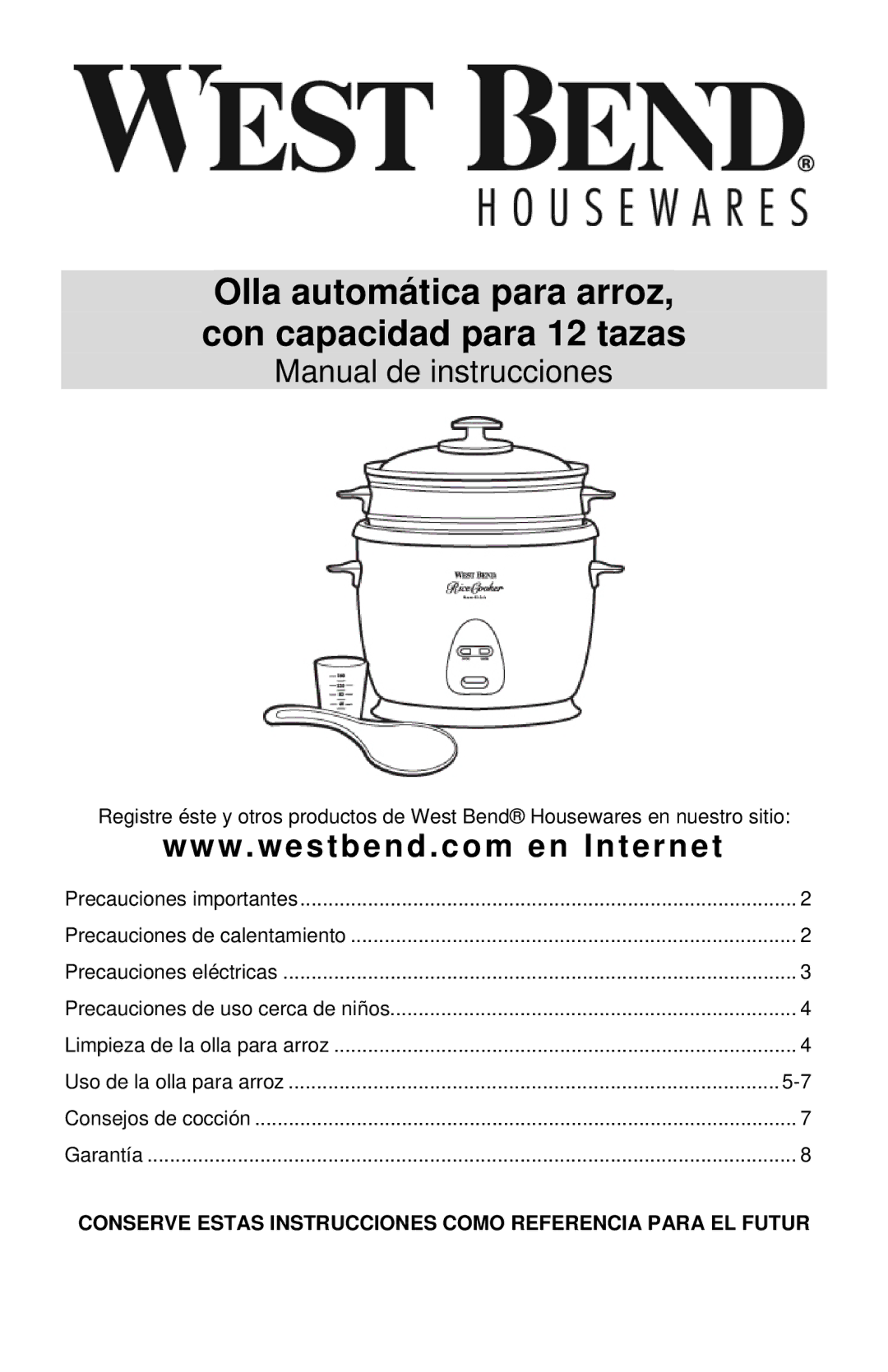 West Bend 12-Cup Automatic Rice Cooker instruction manual Olla automática para arroz, con capacidad para 12 tazas 