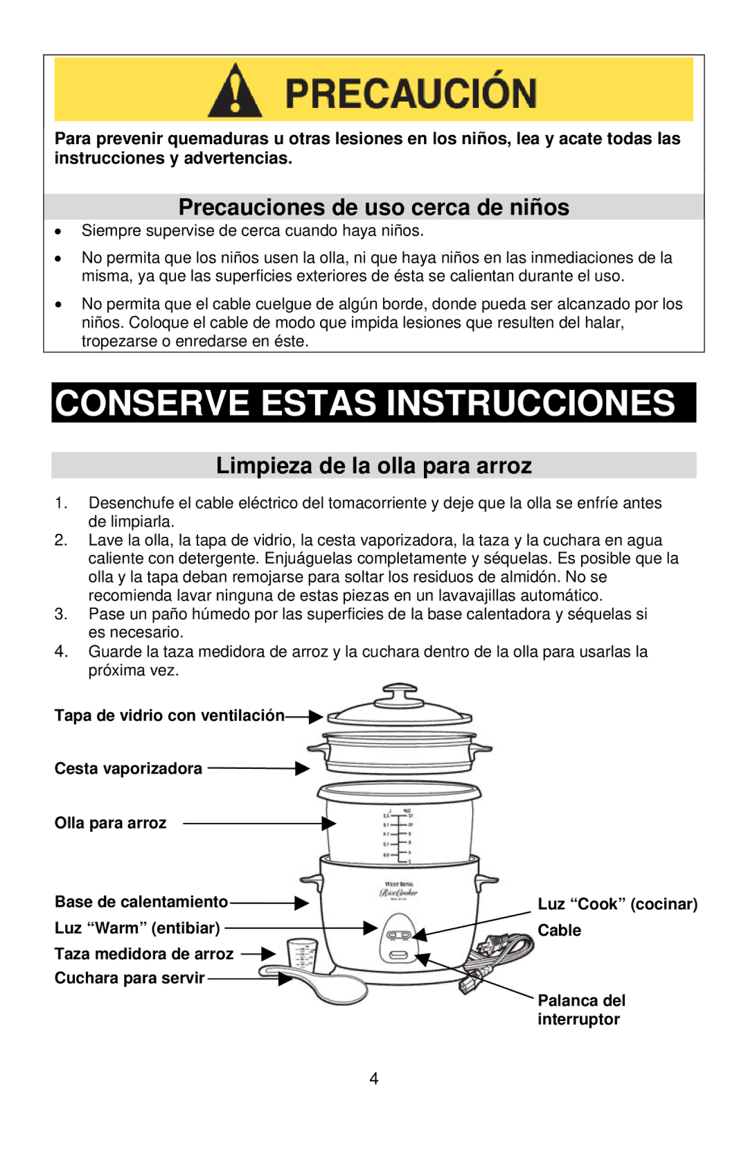 West Bend 12-Cup Automatic Rice Cooker instruction manual Conserve Estas Instrucciones, Precauciones de uso cerca de niños 