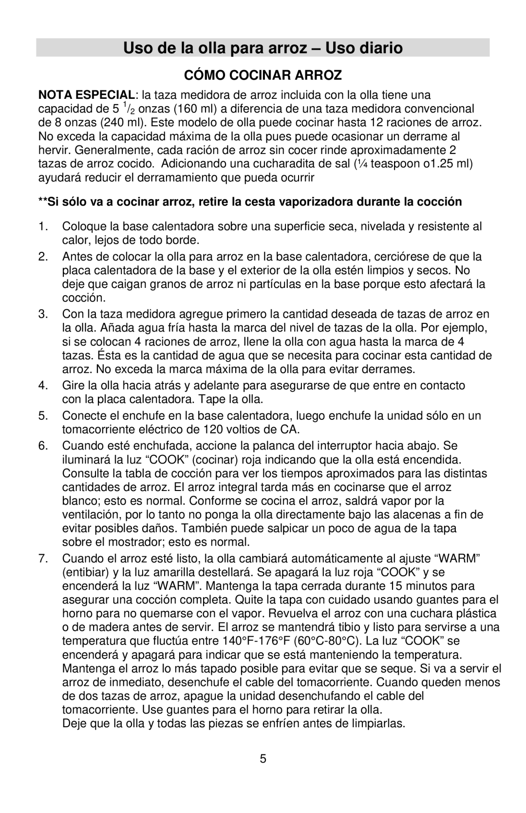 West Bend 12-Cup Automatic Rice Cooker instruction manual Uso de la olla para arroz Uso diario, Cómo Cocinar Arroz 