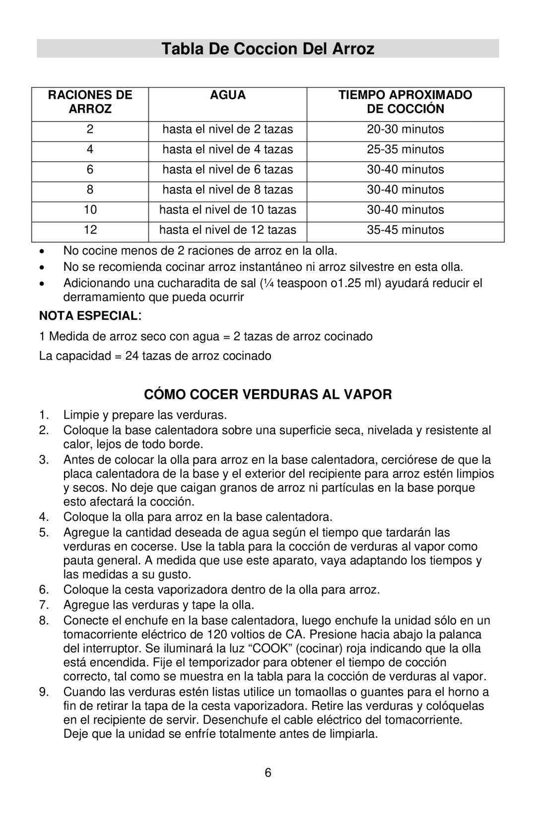 West Bend 12-Cup Automatic Rice Cooker Tabla De Coccion Del Arroz, Cómo Cocer Verduras AL Vapor, Nota Especial 