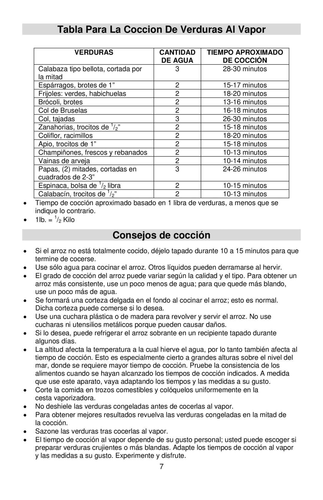 West Bend 12-Cup Automatic Rice Cooker instruction manual Tabla Para La Coccion De Verduras Al Vapor, Consejos de cocción 