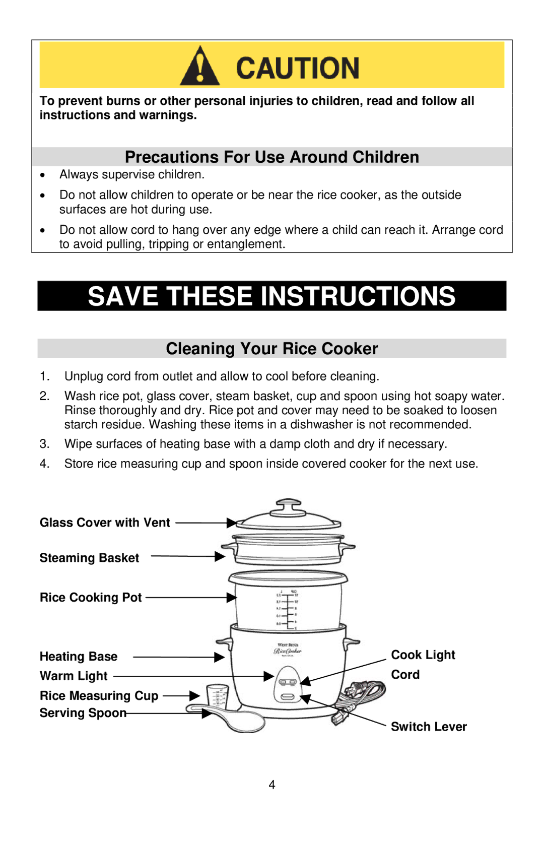 West Bend 12-Cup Automatic Rice Cooker instruction manual Precautions For Use Around Children, Cleaning Your Rice Cooker 