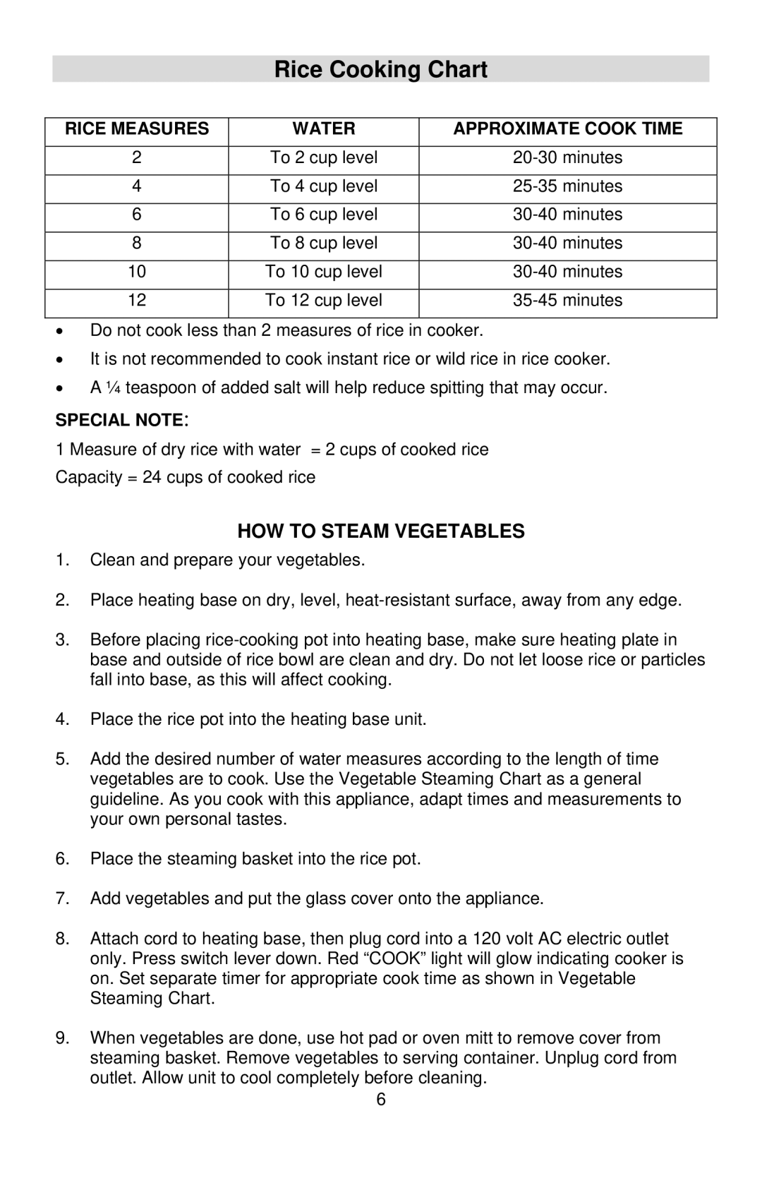 West Bend 12-Cup Automatic Rice Cooker instruction manual Rice Cooking Chart, HOW to Steam Vegetables, Special Note 