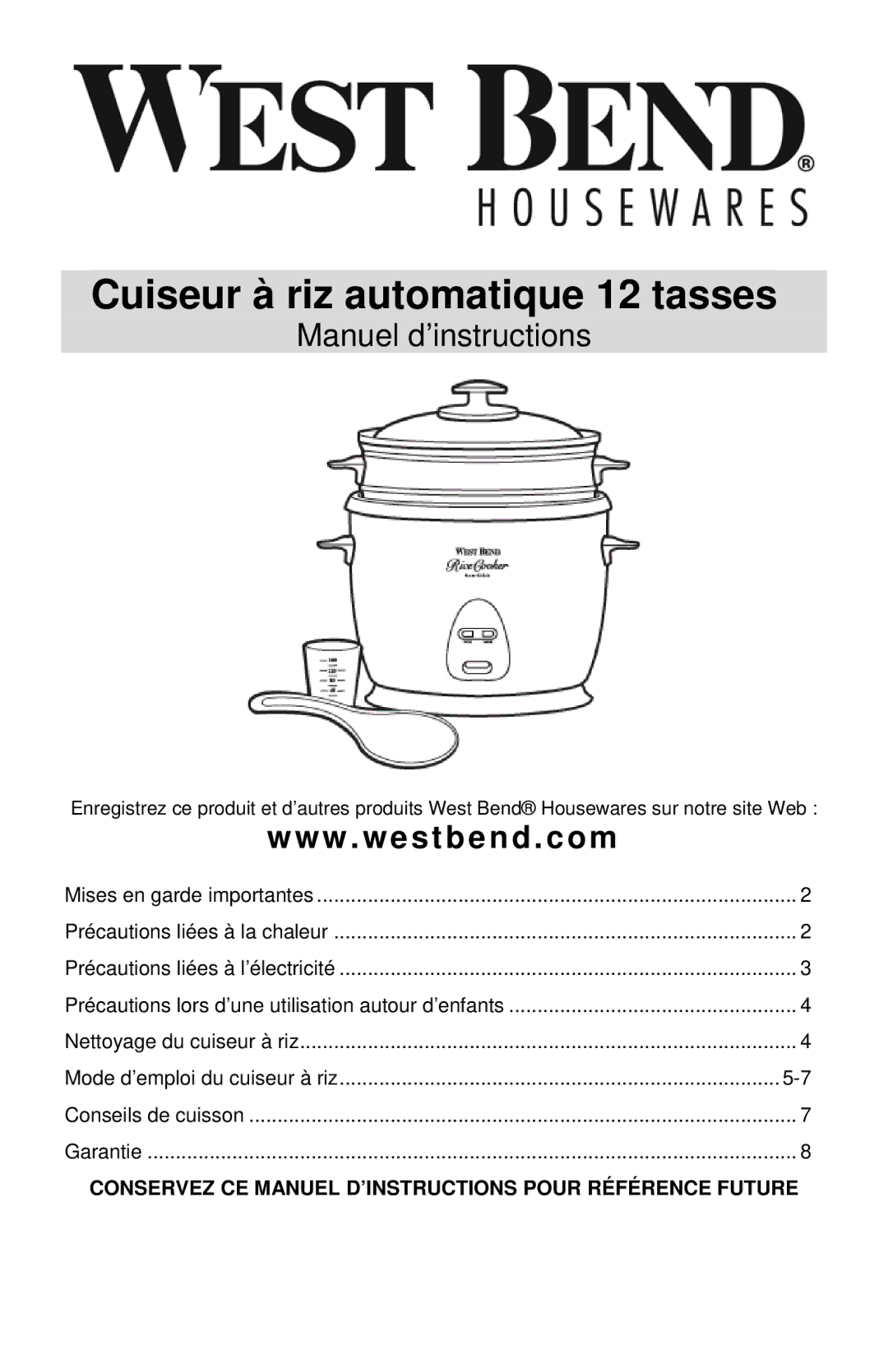 West Bend 12-Cup Automatic Rice Cooker instruction manual Cuiseur à riz automatique 12 tasses 