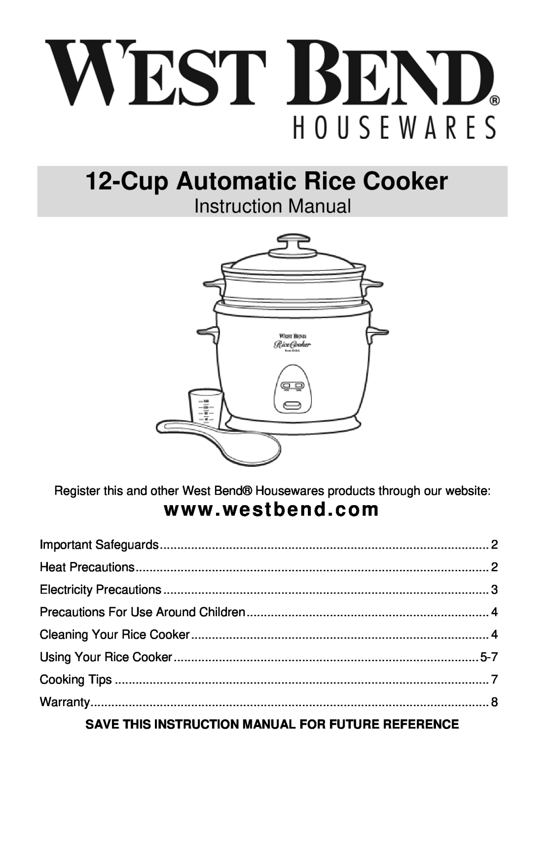 West Bend 12-Cup Automatic Rice Cooker instruction manual CupAutomatic Rice Cooker 