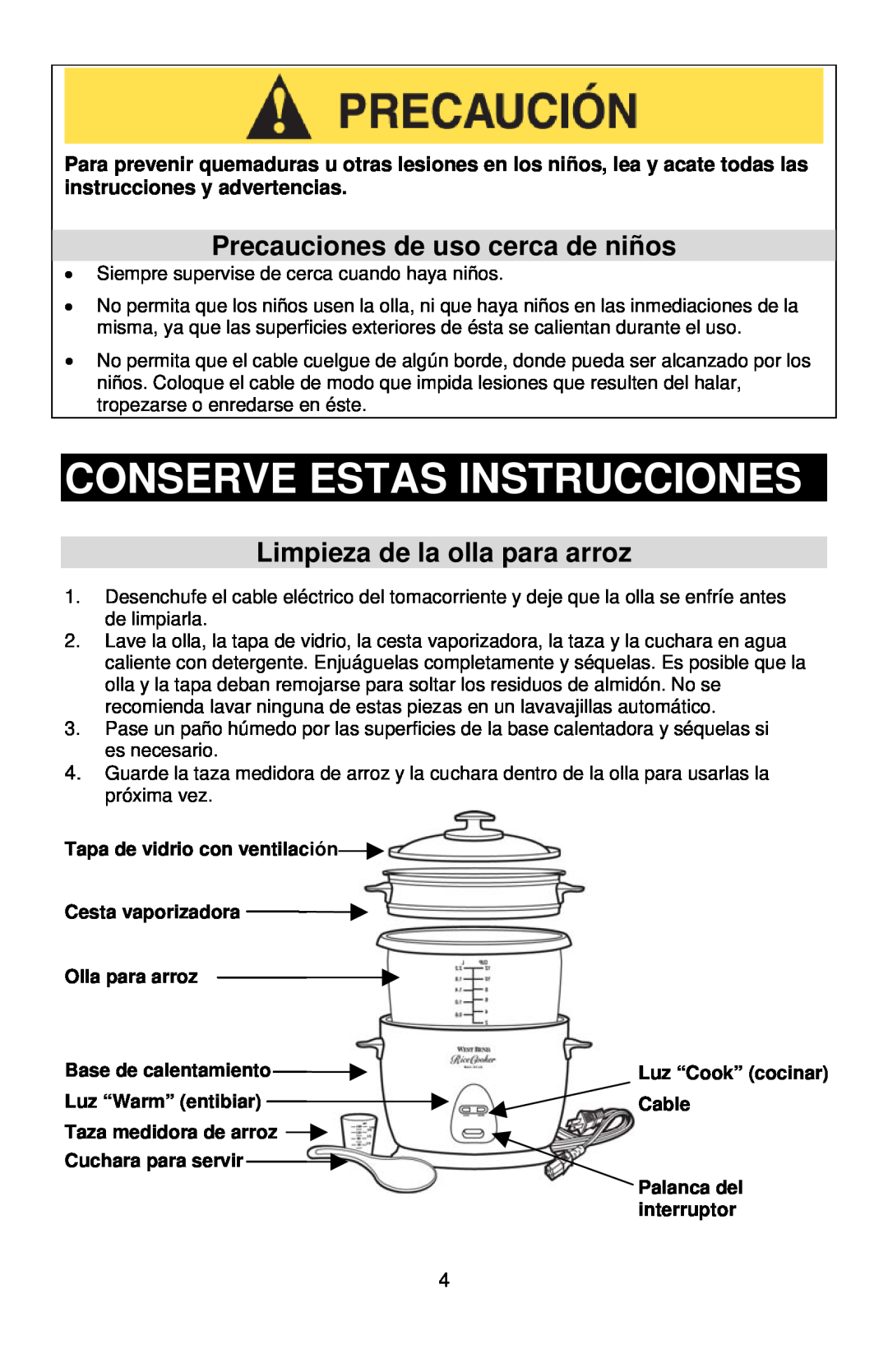 West Bend 12-Cup Automatic Rice Cooker Conserve Estas Instrucciones, Precauciones de uso cerca de niños, Olla para arroz 
