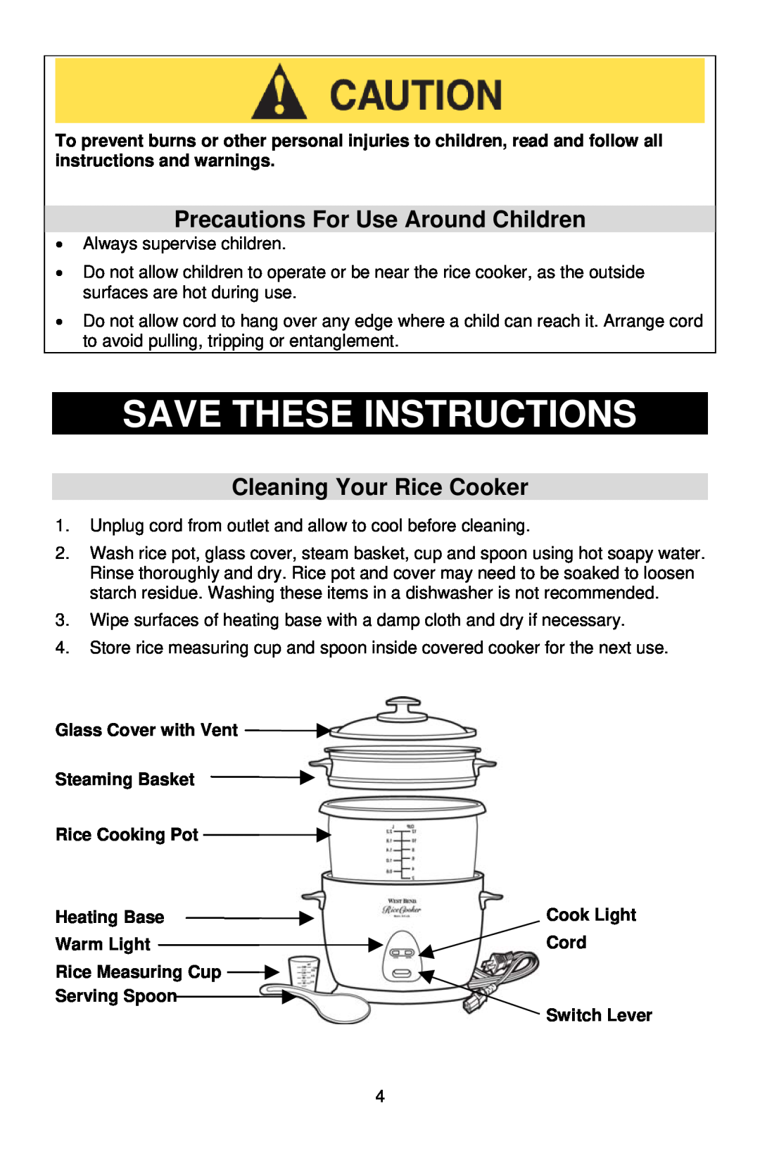 West Bend 12-Cup Automatic Rice Cooker Save These Instructions, Precautions For Use Around Children, Rice Cooking Pot 