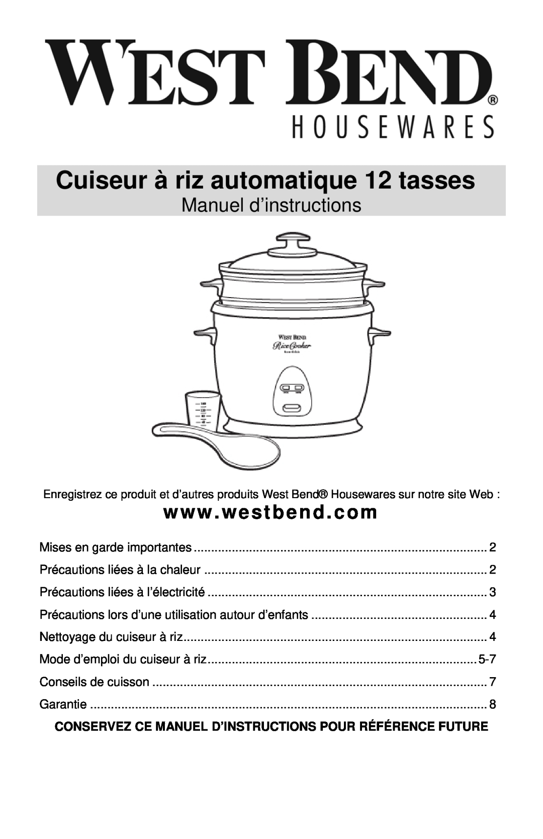 West Bend 12-Cup Automatic Rice Cooker instruction manual Cuiseur à riz automatique 12 tasses, Manuel d’instructions 