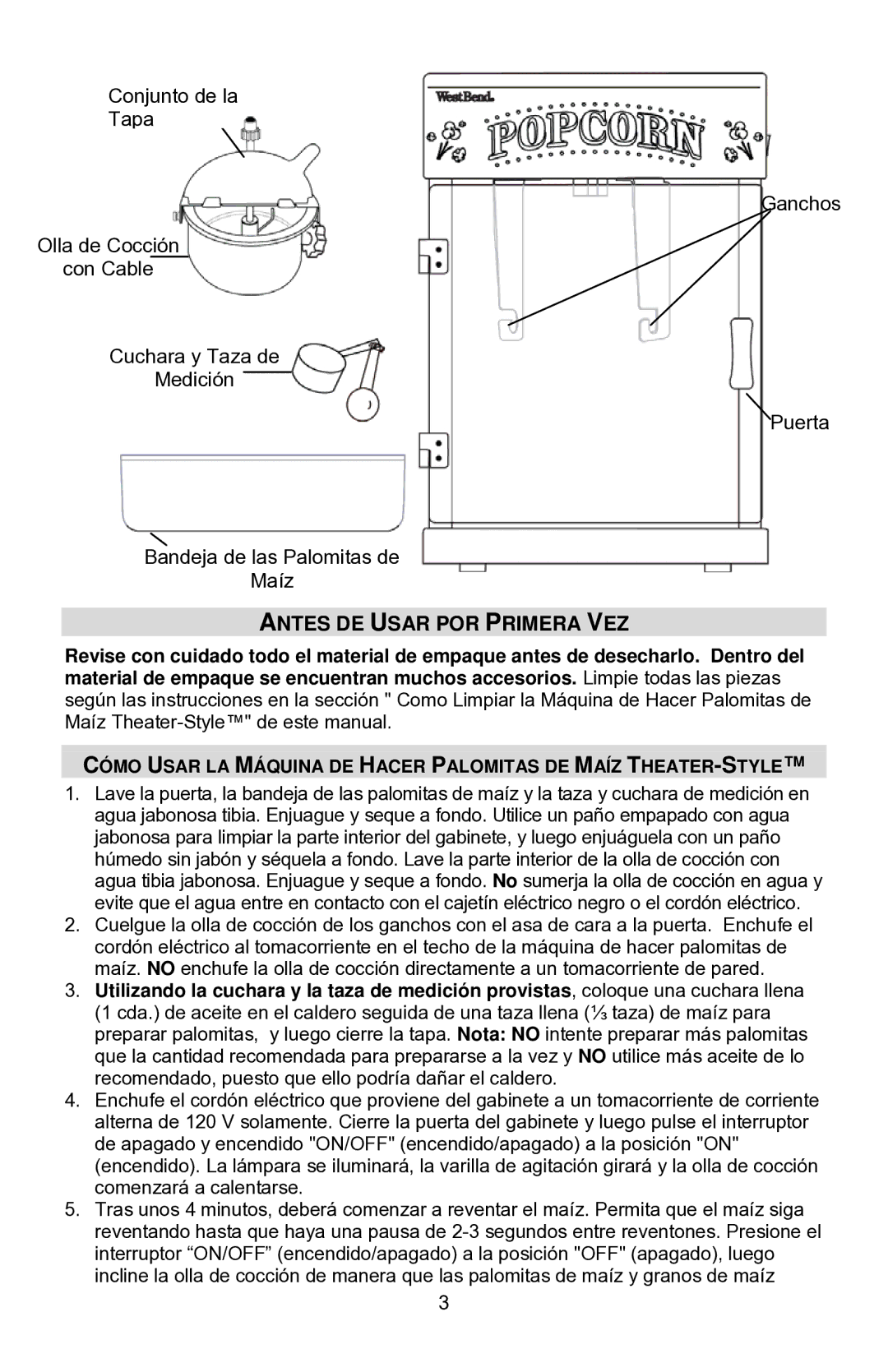 West Bend 2.5 OZ. THEATER-STYLE instruction manual Antes DE Usar POR Primera VEZ 