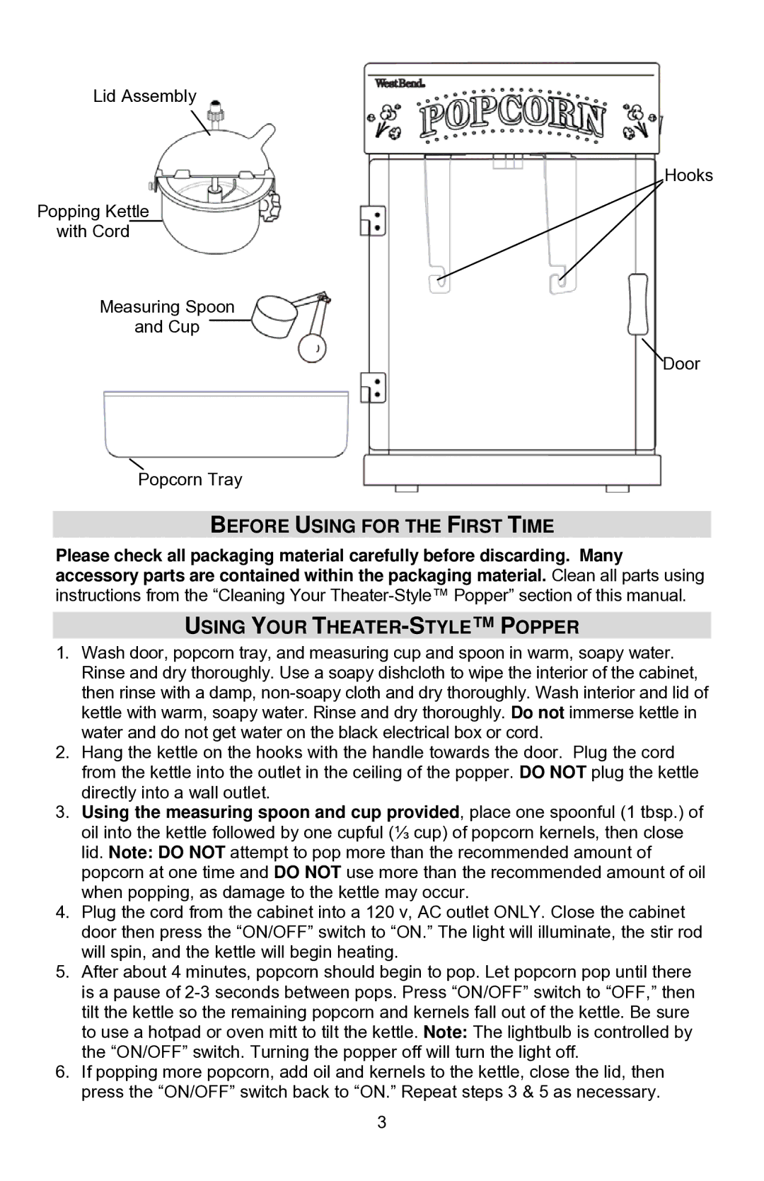 West Bend 2.5 OZ. THEATER-STYLE instruction manual Before Using for the First Time, Using Your THEATER-STYLE Popper 