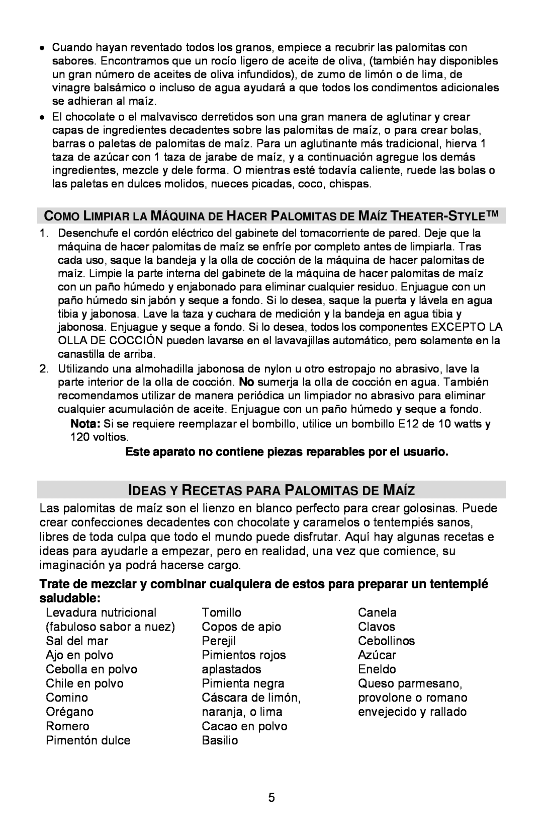 West Bend 2.5 OZ. THEATER-STYLE instruction manual Ideas Y Recetas Para Palomitas De Maíz 