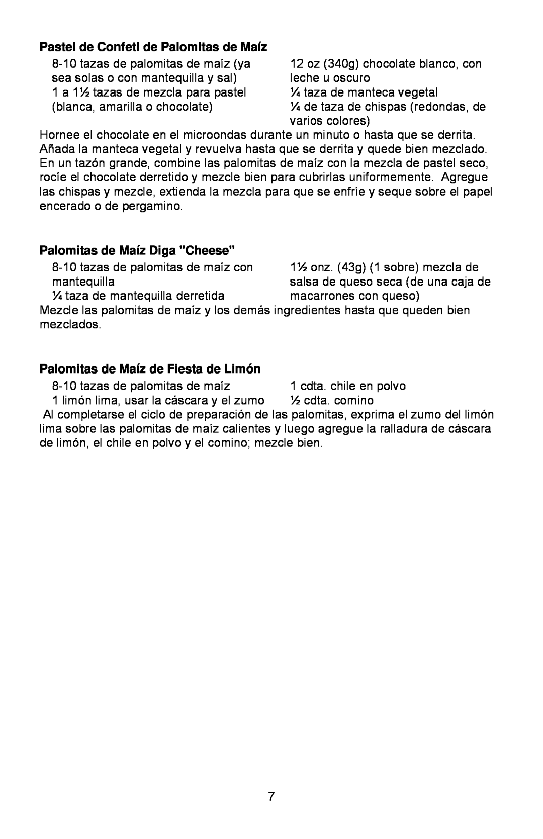 West Bend 2.5 OZ. THEATER-STYLE instruction manual Pastel de Confeti de Palomitas de Maíz, Palomitas de Maíz Diga Cheese 