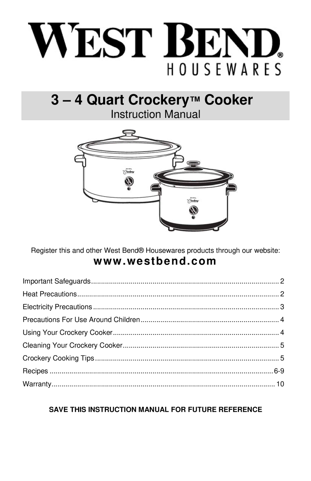 West Bend 3-4 Quart Crockery Cooker instruction manual 