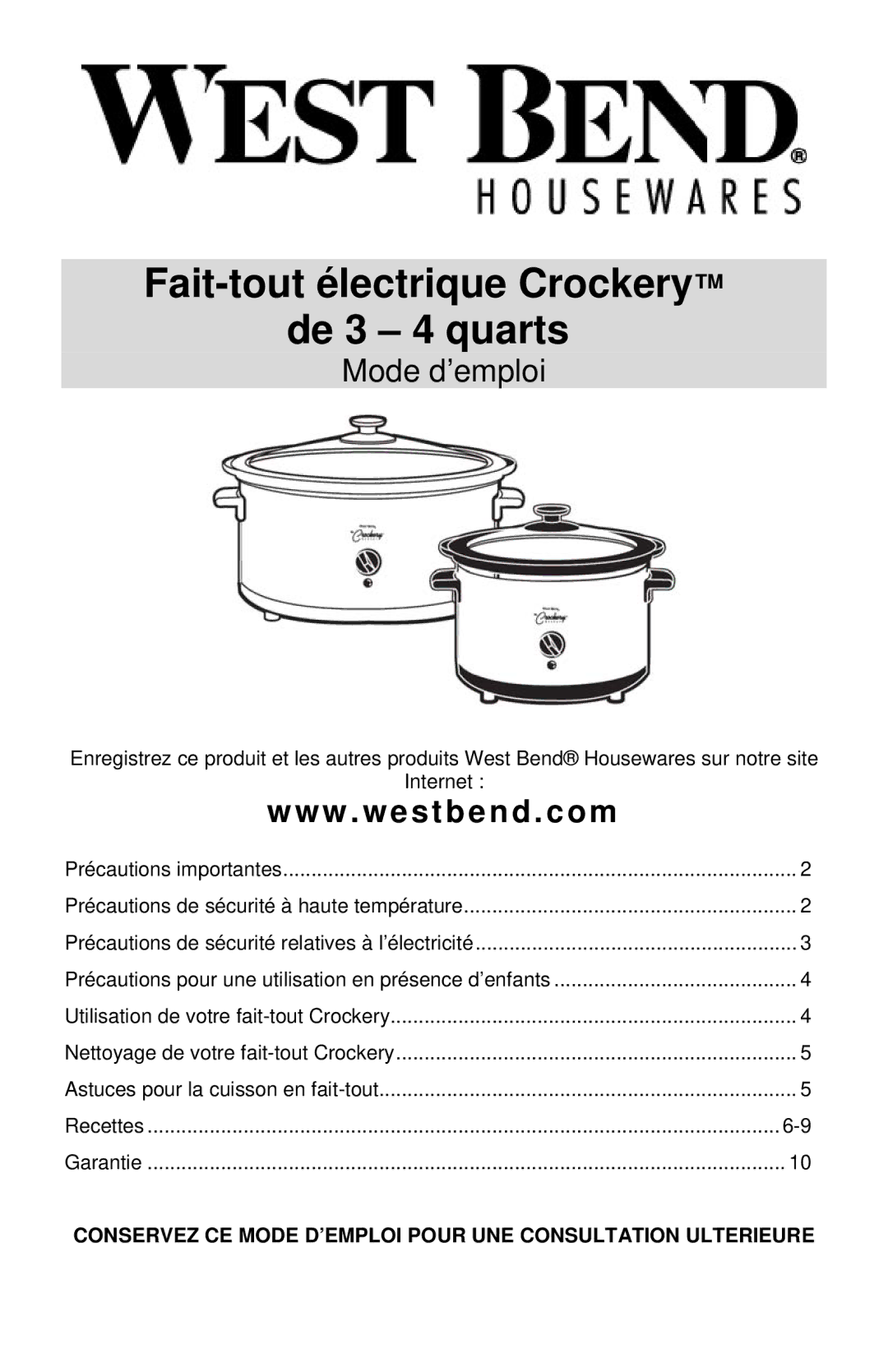 West Bend 3-4 Quart Crockery Cooker instruction manual Fait-toutélectrique Crockery de 3 4 quarts 