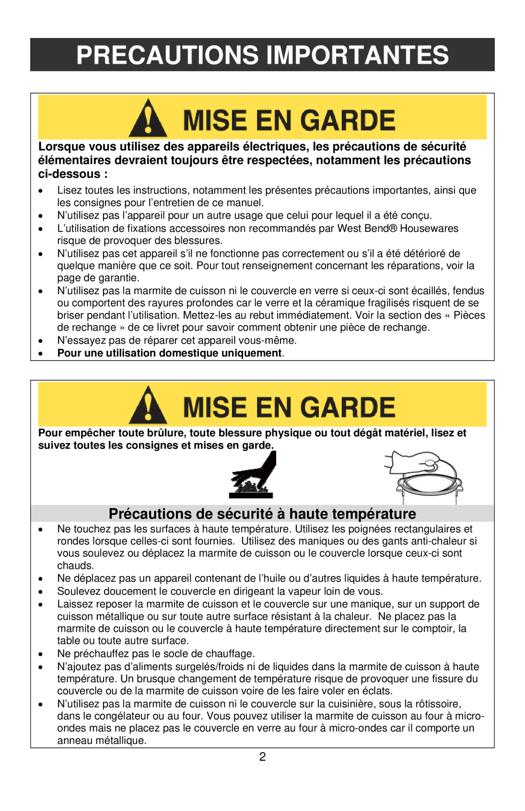 West Bend 3-4 Quart Crockery Cooker instruction manual Precautions Importantes, Précautions de sécurité à haute température 