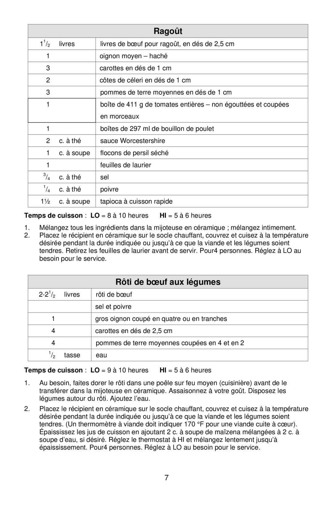 West Bend 3-4 Quart Crockery Cooker instruction manual Ragoût, Rôti de bœuf aux légumes 